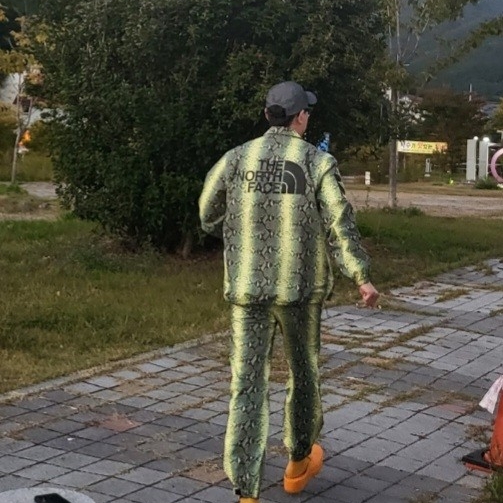 Supreme Reflective Mesh Camp Cap Black - 22SS, Supreme x The North Face Snakeskin Taped Seam Coaches Jacket Green - 18SS 착용 스타일 - 1