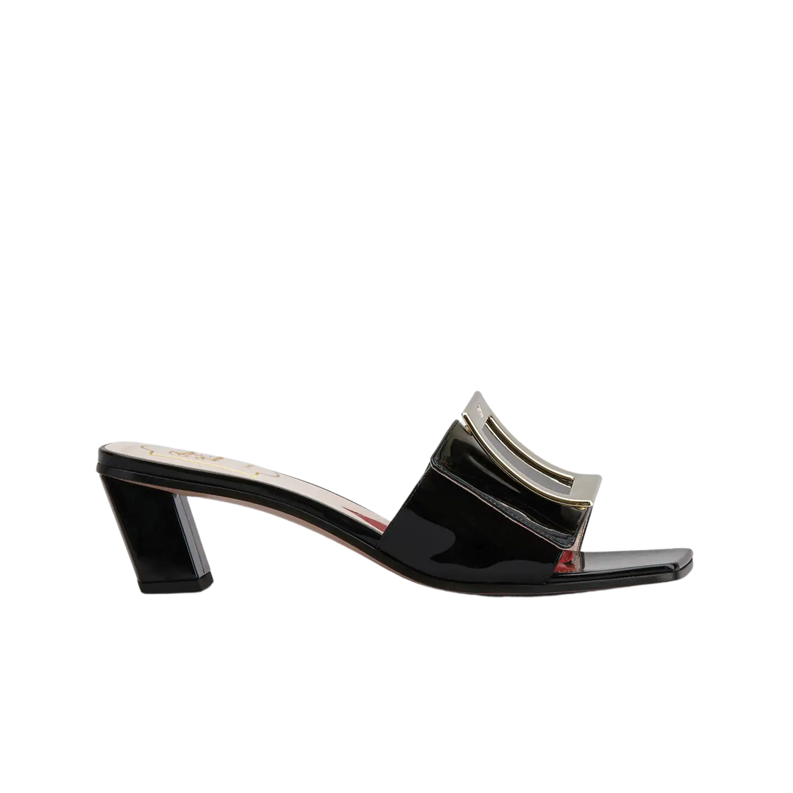 (W) 로저 비비에 러브 메탈 버클 뮬 페이턴트 레더 블랙((W) Roger Vivier Love Metal Buckle Mules in Patent Leather Black) - 1