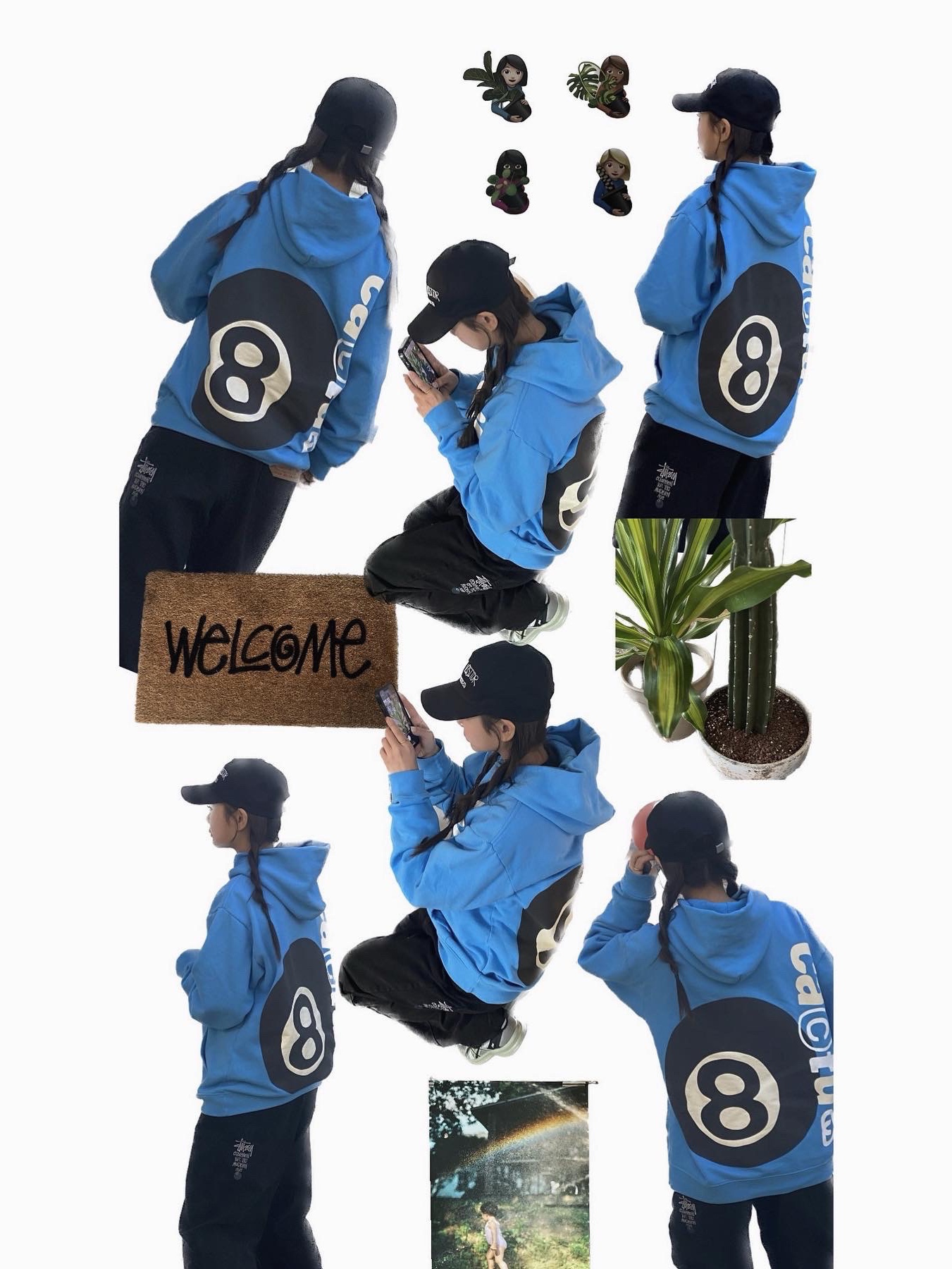 Stussy x Cactus Plant Flea Market 8 Ball Pigment Dyed Hoodie Blue, Stussy Washed Canvas Big OL' Jean Black 착용 스타일