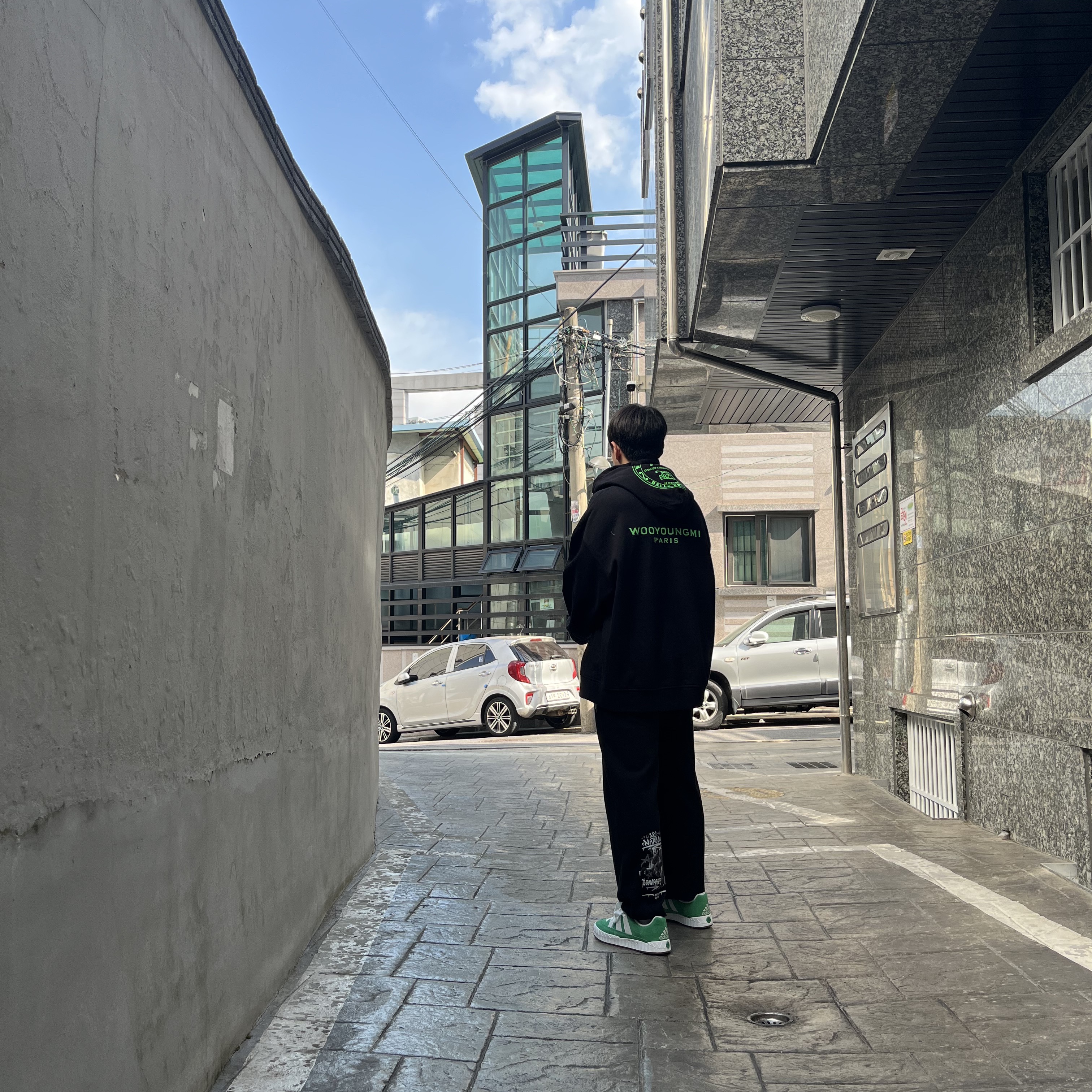 Wooyoungmi Glow Graphic Back Logo Hoodie Black - 22SS, Adidas Adimatic Green 착용 스타일