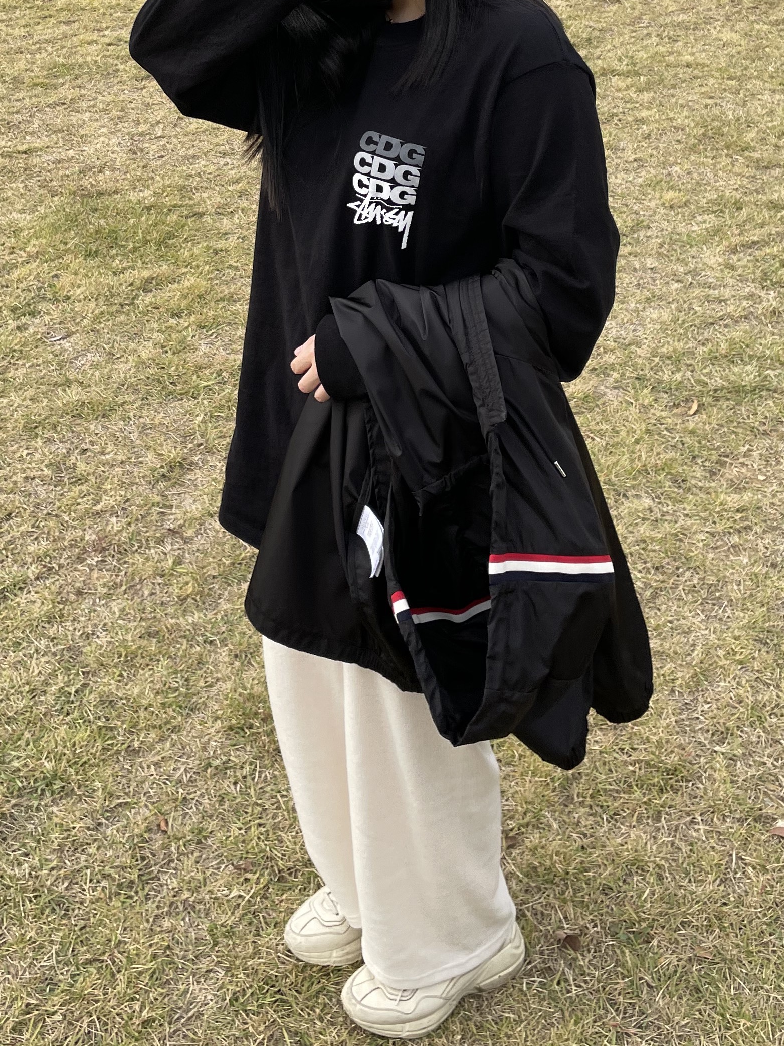 Stussy x CDG Dot LS T-Shirt Black, Moncler Grimpeurs Hooded Jacket Black - 22SS 착용 스타일