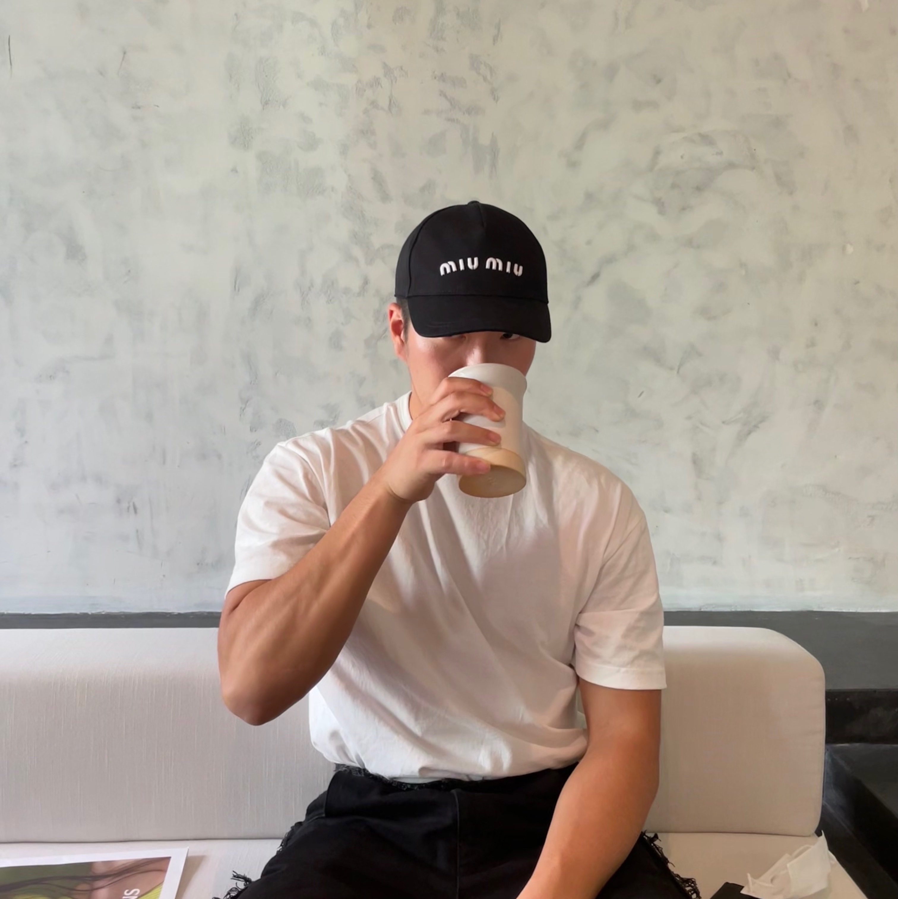 (W) Miu Miu Drill Baseball Cap Black 착용 스타일