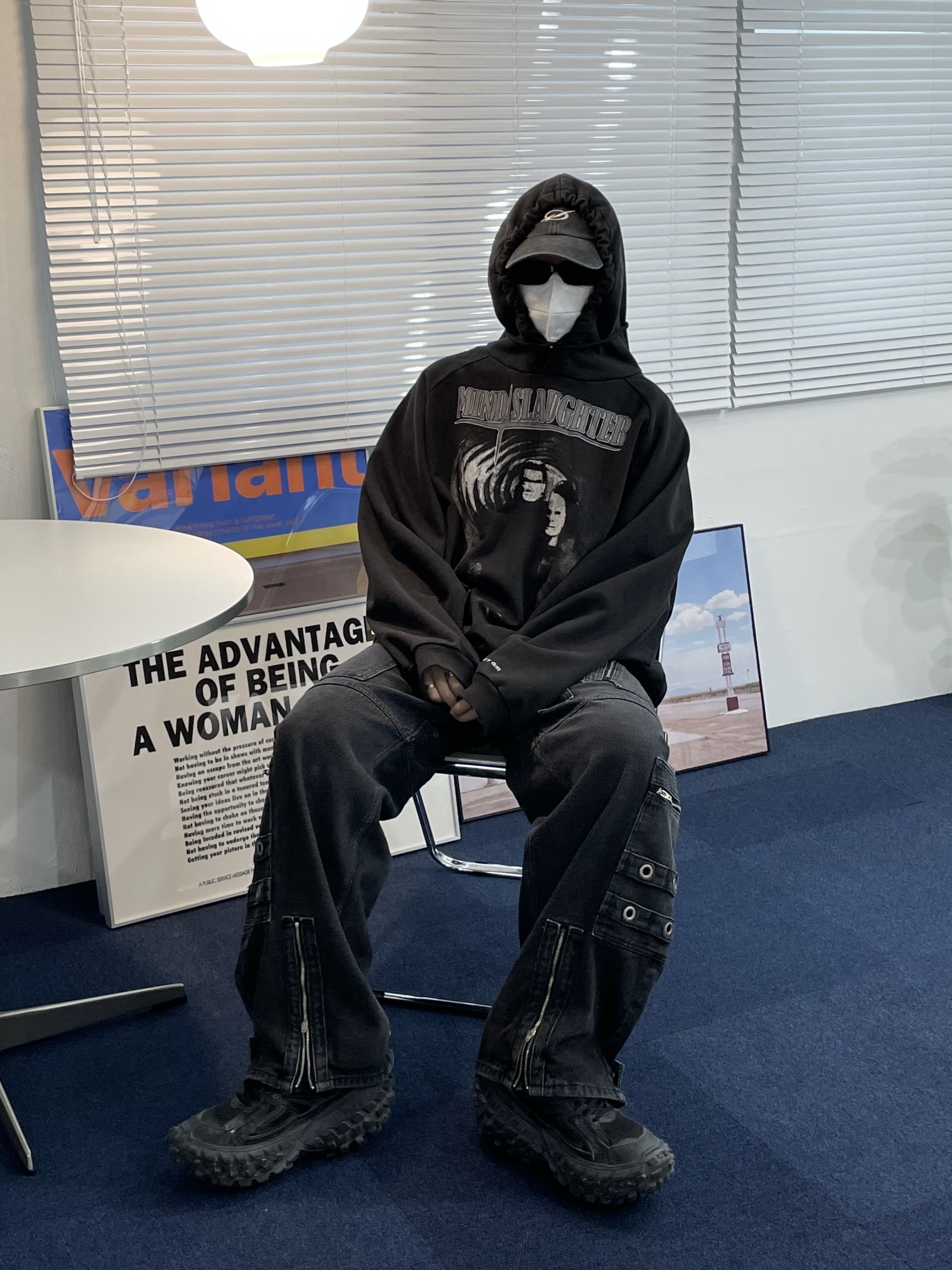 Balenciaga Defender Sneakers Black, Project G/R Mind Slaughter Vintage Washeed Hoodie Black 착용 스타일 - 2