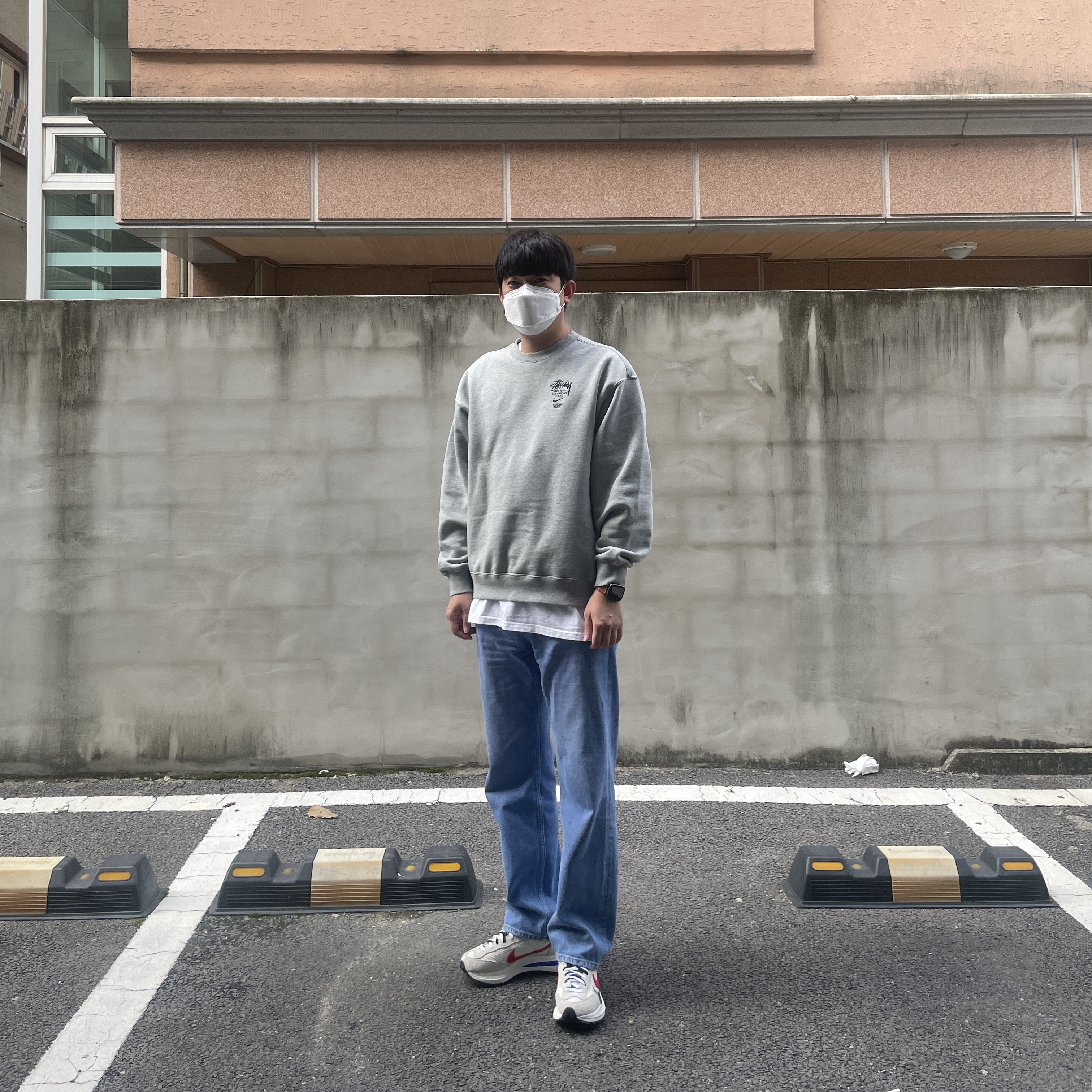 Nike x Sacai VaporWaffle Royal Fuchsia, Nike x Stussy NRG ZR Fleece Crewneck Heather Grey - US/EU 착용 스타일 - 2