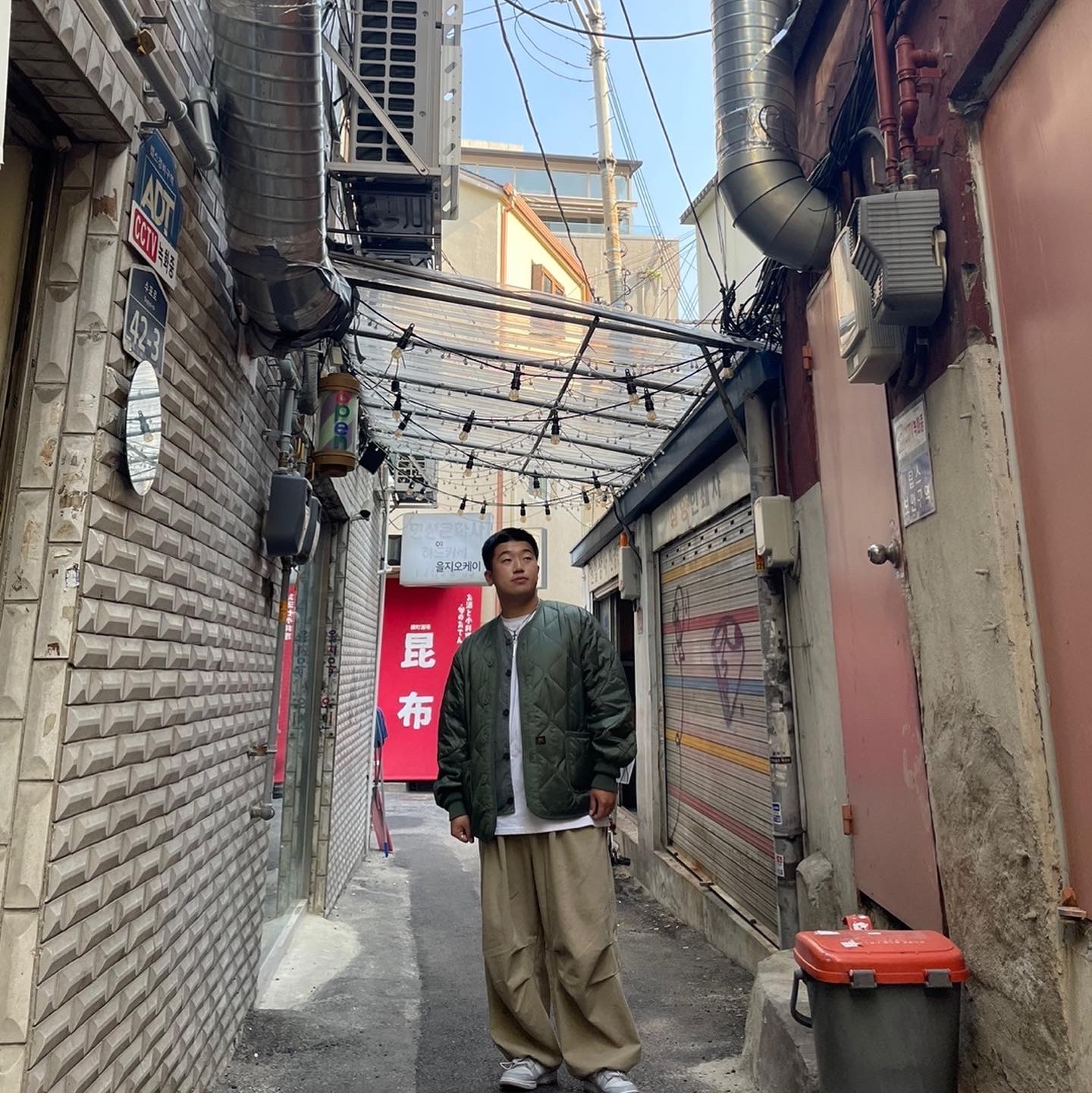 CDG x Alpha Industries Liner Jacket Olive, Nike Dunk Low Retro Wolf Grey 착용 스타일