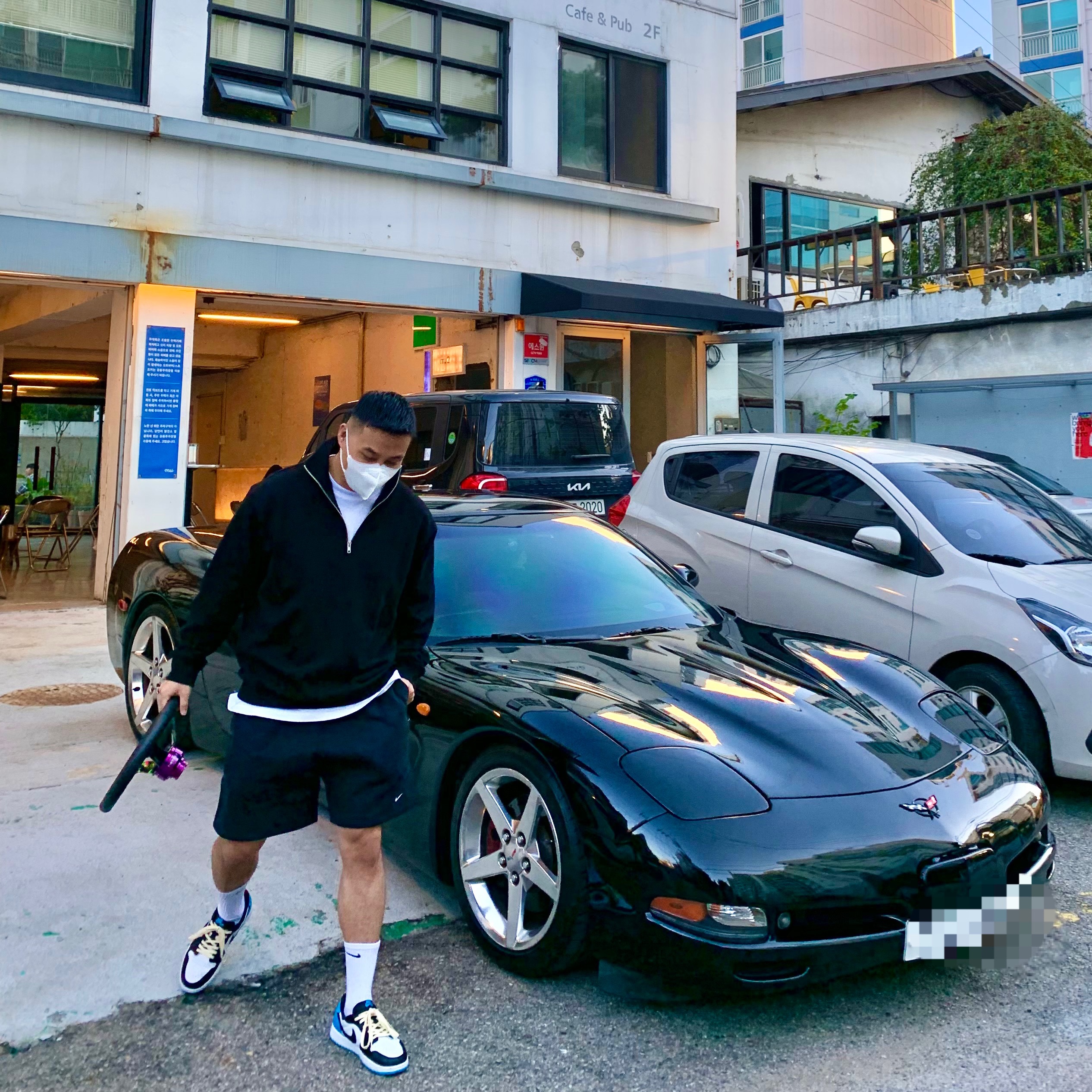 Jordan 1 Retro Low OG Black and Dark Powder Blue, Nike NRG Solo Swoosh Fleece Shorts Black - Asia 착용 스타일