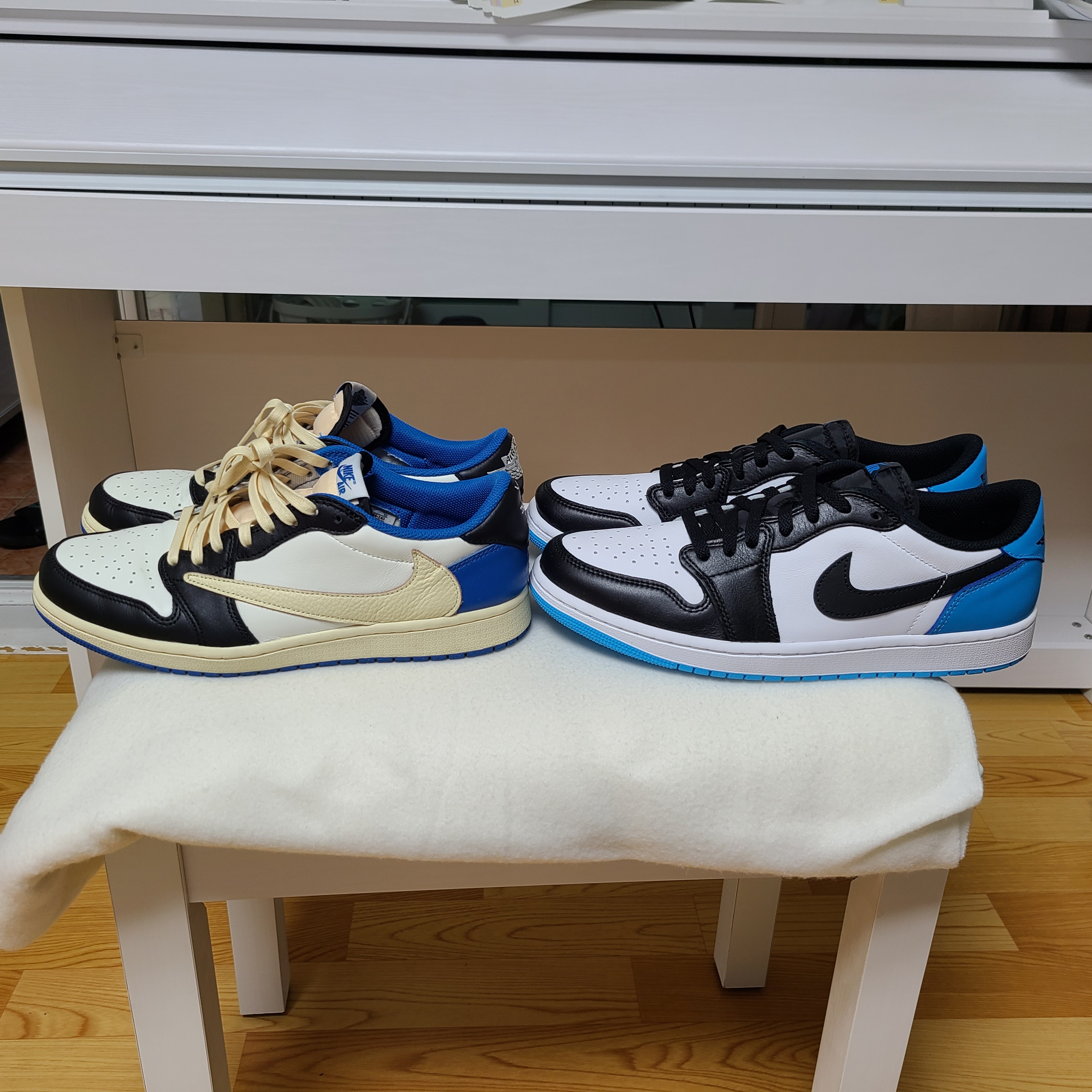 Jordan 1 x Travis Scott x Fragment Retro Low OG SP Military Blue, Jordan 1 Retro Low OG Black and Dark Powder Blue 착용 스타일
