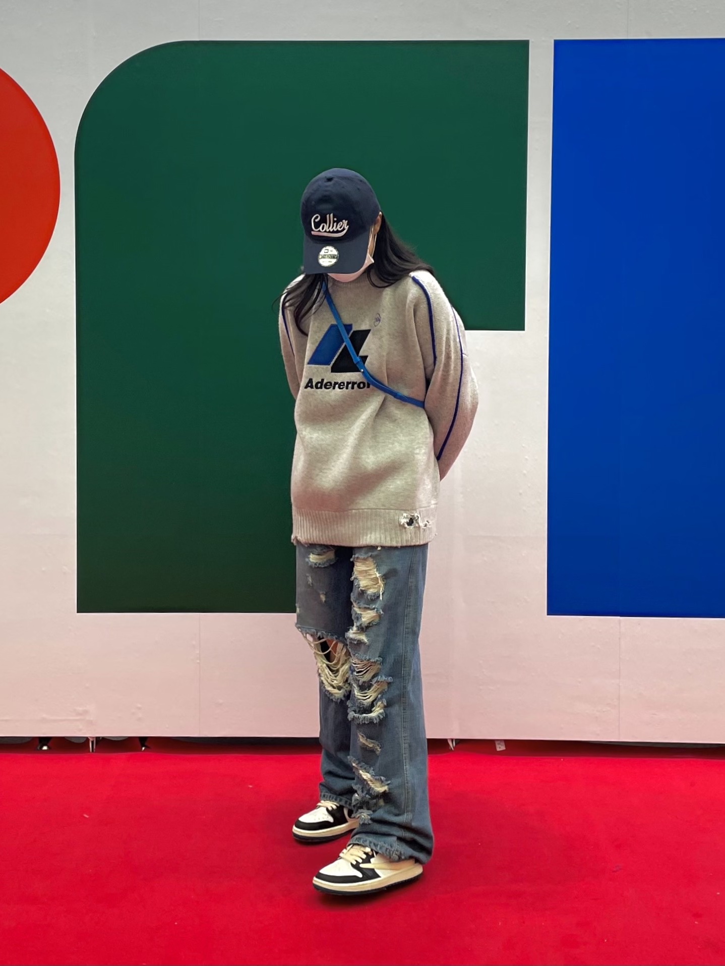 Zara x Ader Error Oversize Sweater Grey, Jordan 1 x Travis Scott x Fragment Retro Low OG SP Military Blue 착용 스타일 - 2