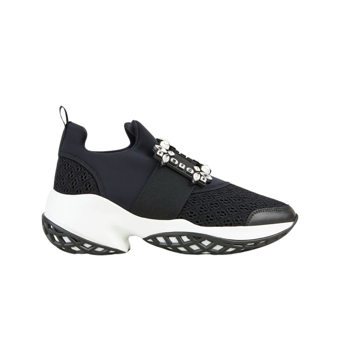 (W) 로저 비비에 비브 런 스트라스 버클 스니커즈 테크니컬 패브릭 블랙((W) Roger Vivier Viv' Run Strass Buckle Sneakers in Technical Fabrics Black)