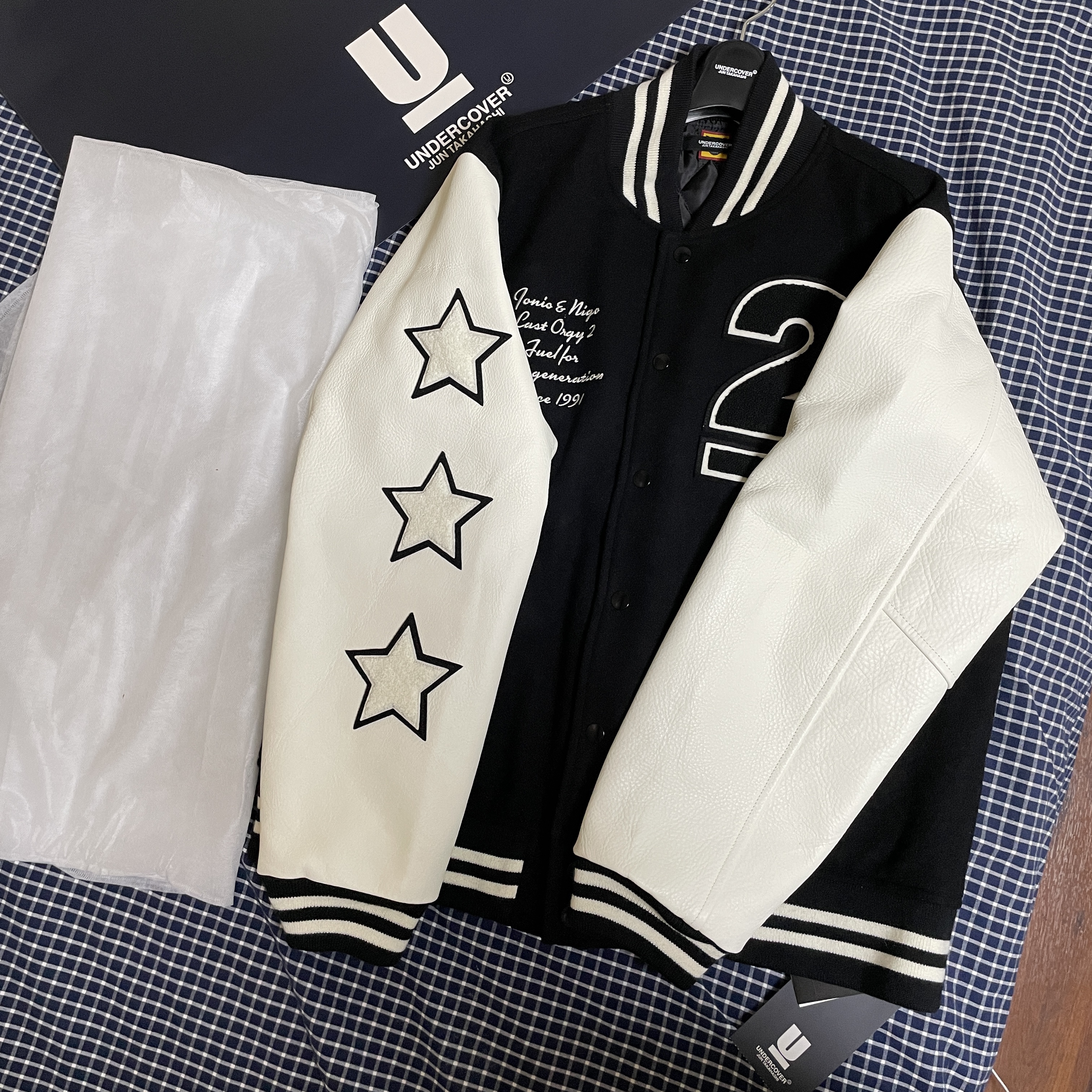 Human Made x Undercover Last Orgy 2 Varsity Jacket Black, Human Made x Undercover Last Orgy 2 Varsity Jacket Navy 착용 스타일