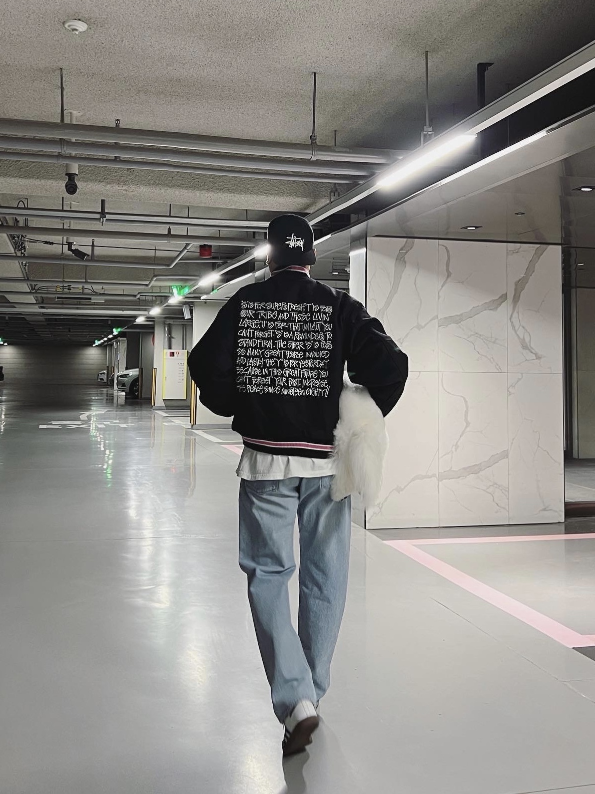Stussy S Talk Melton Varsity Jacket Black, Adidas Samba Vegan White Black 착용 스타일 - 1