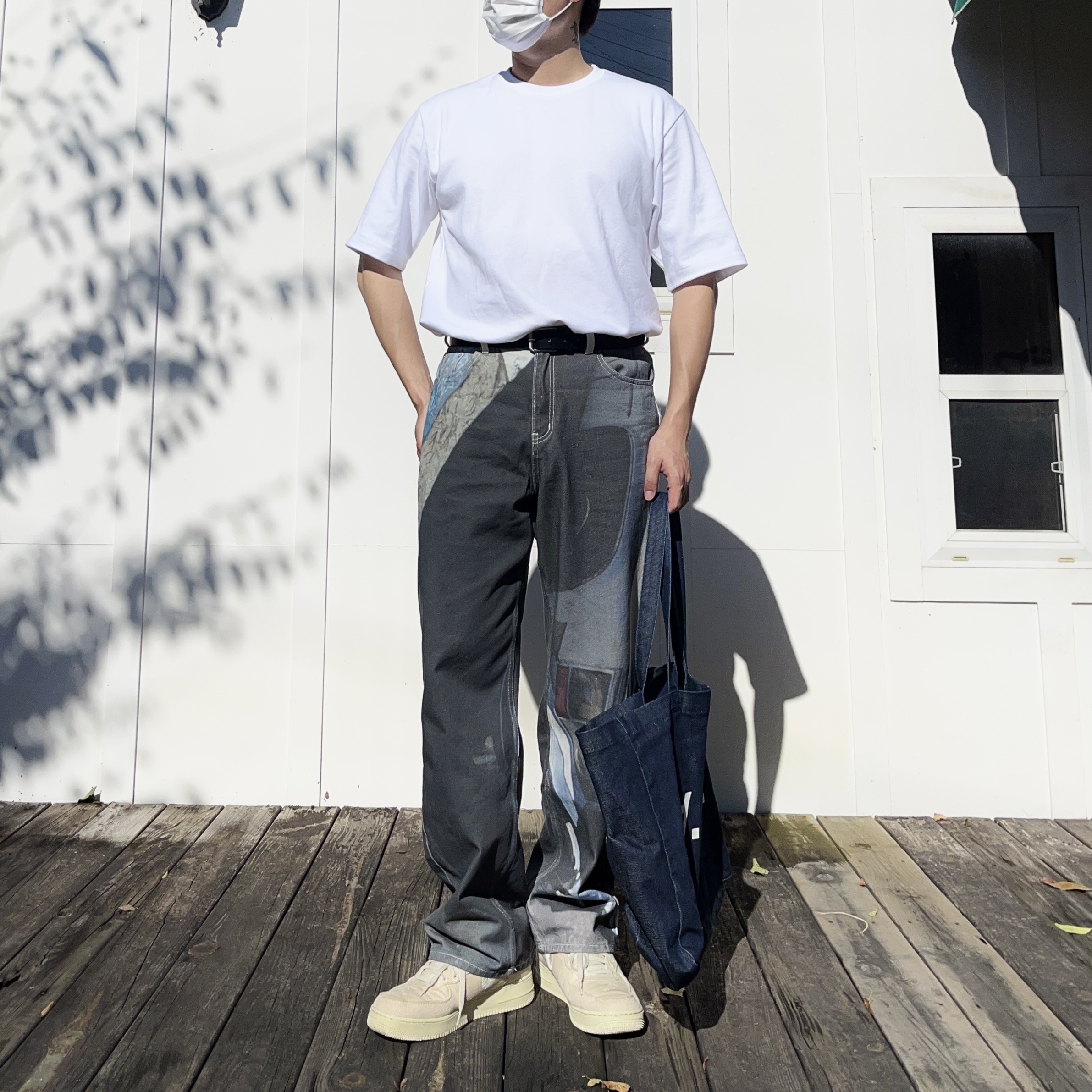 Nike x Stussy Air Force 1 '07 Mid SP Fossil, A.P.C. Daniela Shopping Bag Indigo 착용 스타일