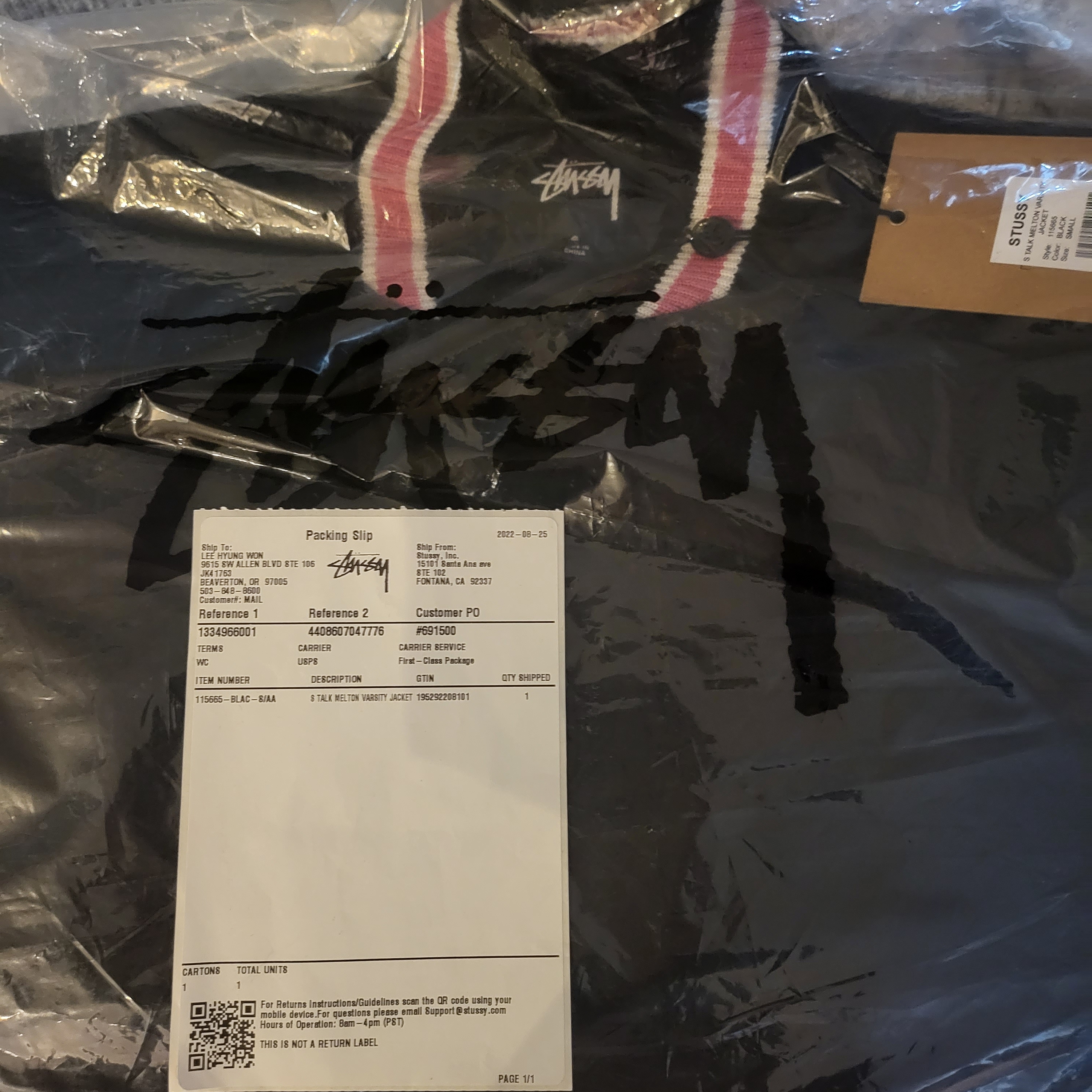 Stussy S Talk Melton Varsity Jacket Black 착용 스타일