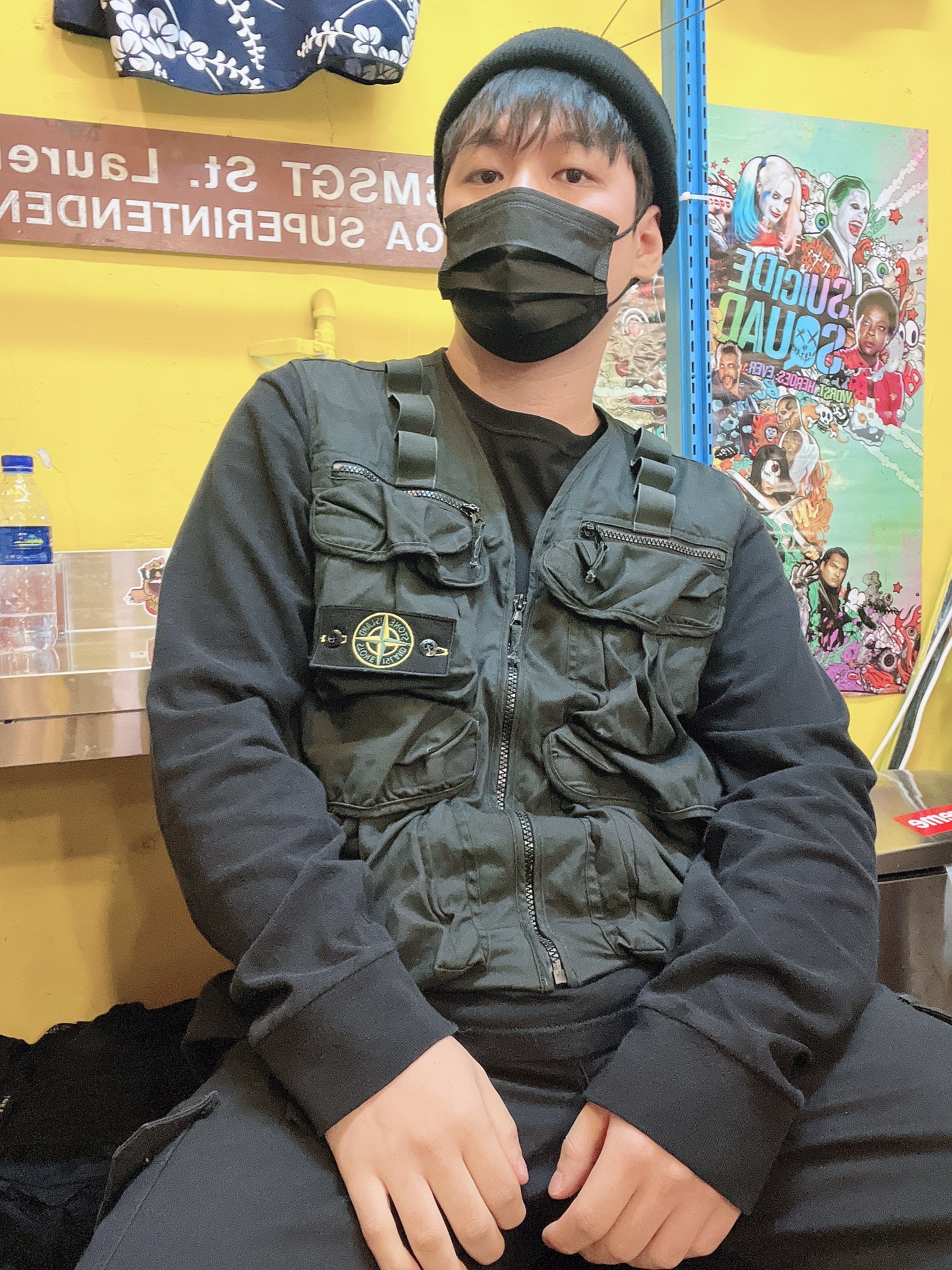 Stussy Overdyed Crew Black 2021, Supreme x Stone Island Camo Cargo Vest Black Camo - 19SS 착용 스타일