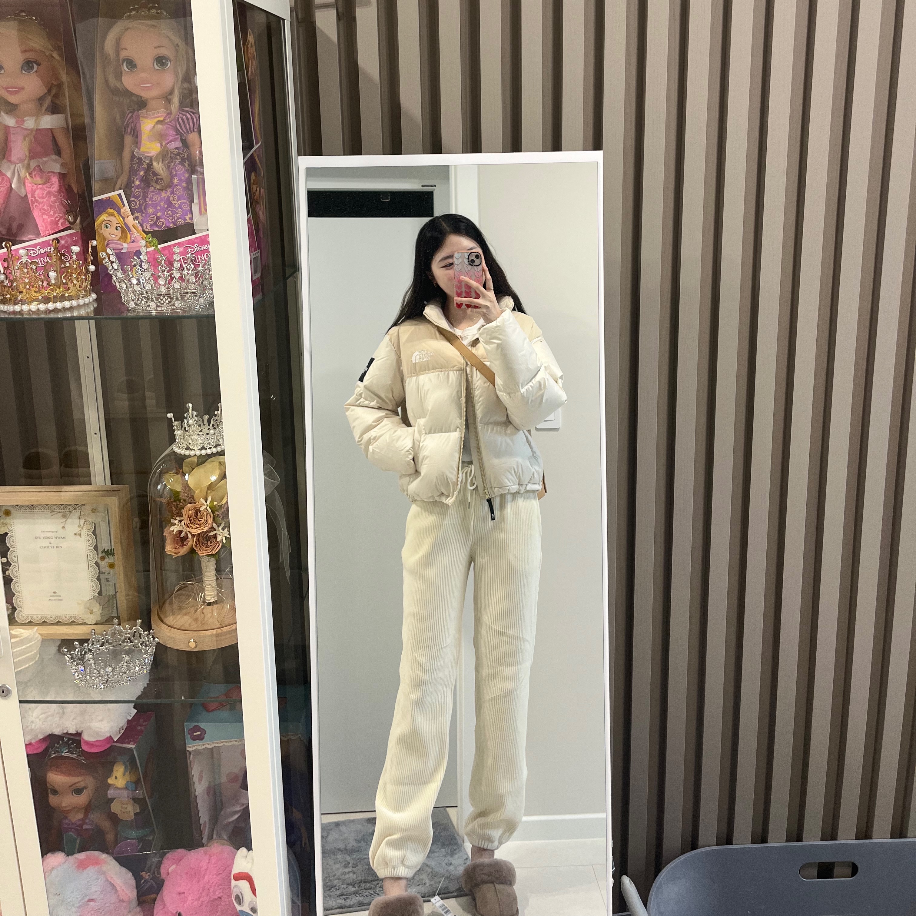 (W) The North Face White Label Novelty Nuptse Down Jacket Cream, Bottega Veneta Brushed Leather Cassette Porridge 착용 스타일