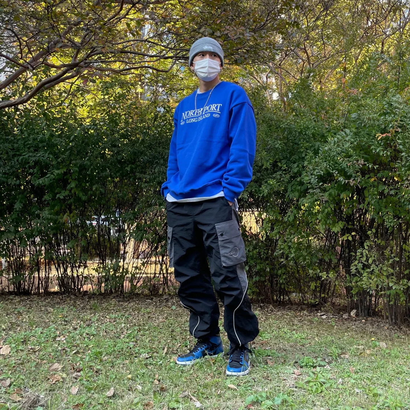 Stussy Stock Cuff Beanie Grey Heather, Jordan 1 Retro High OG Dark Marina Blue 착용 스타일 - 2