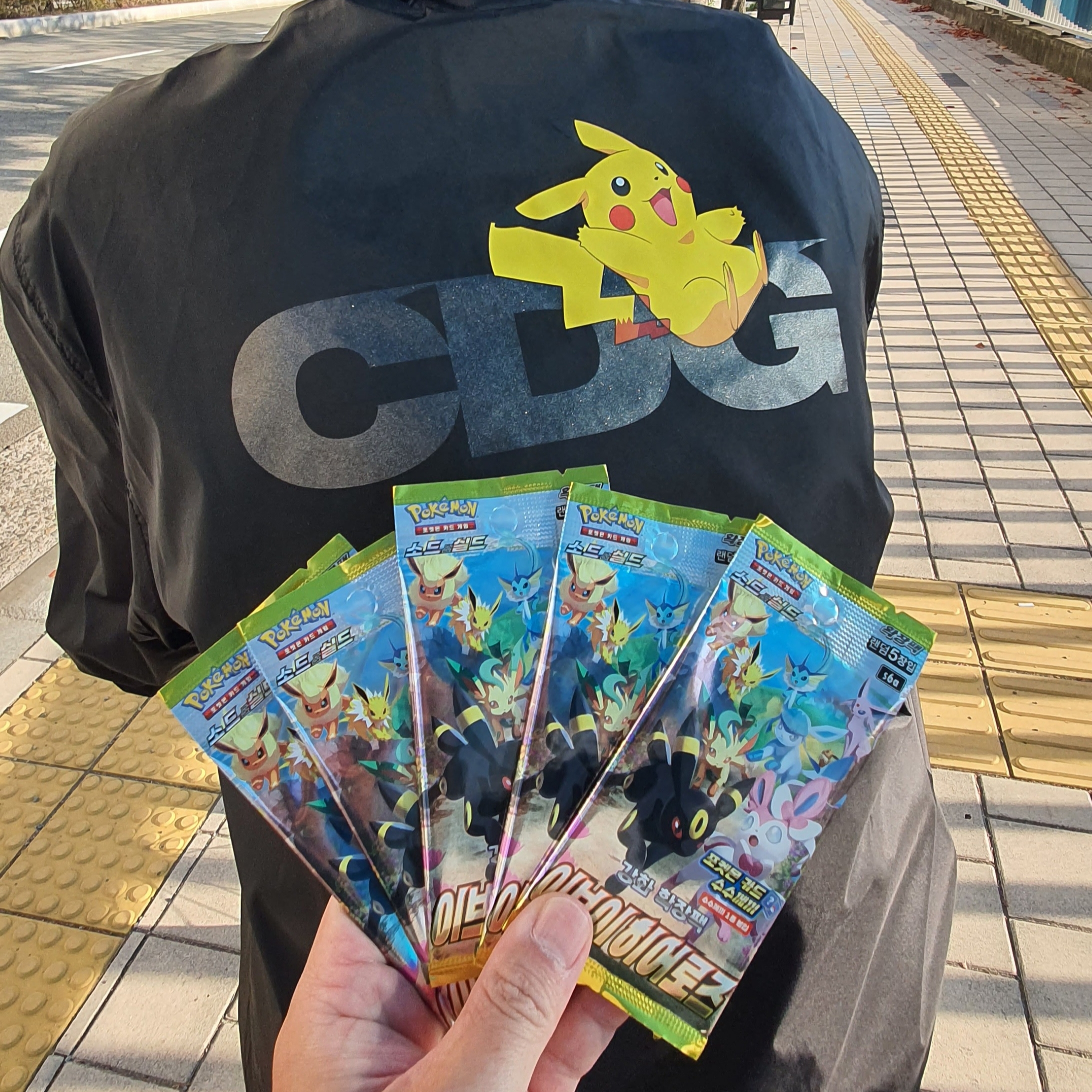 CDG x Pokemon Coach Jacket Black, Pokemon TCG Sword & Shield Enhanced Expansion Pack Eevee Heroes Box (Pack of 30) 착용 스타일