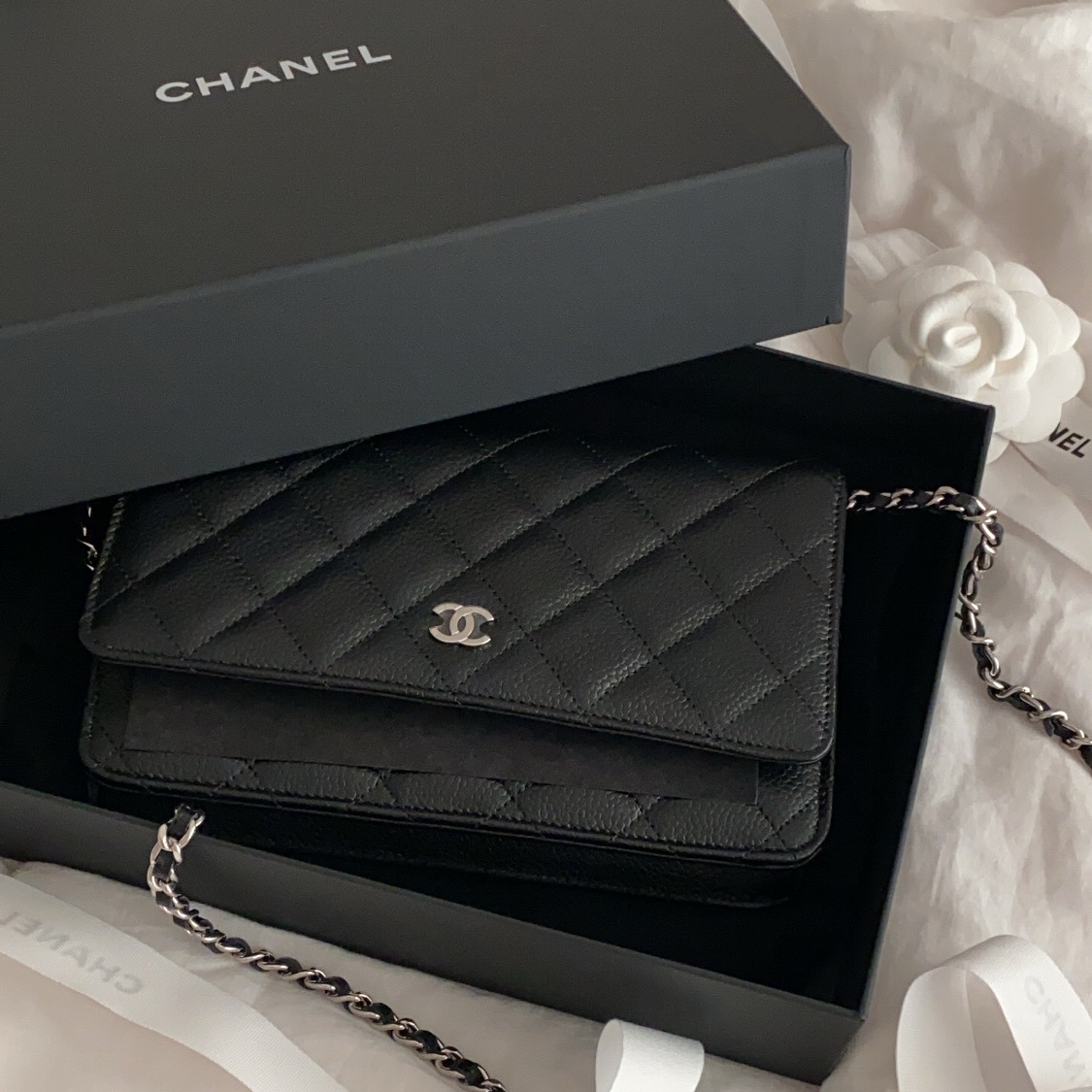 Chanel Classic Wallet On Chain Grained Calfskin & Silver Black 착용 스타일