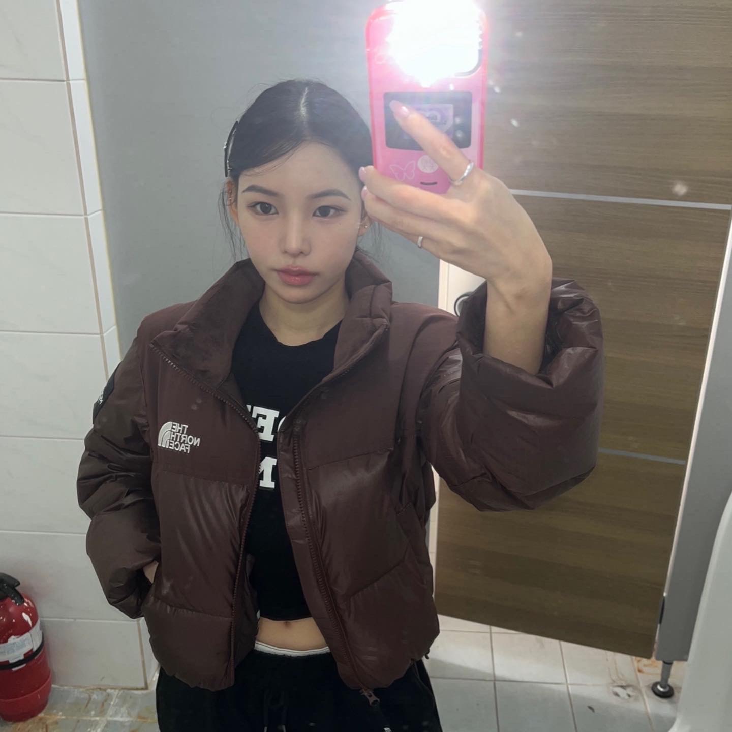 (W) The North Face White Label Novelty Nuptse Down Jacket Cocoa Brown 착용 스타일 - 3