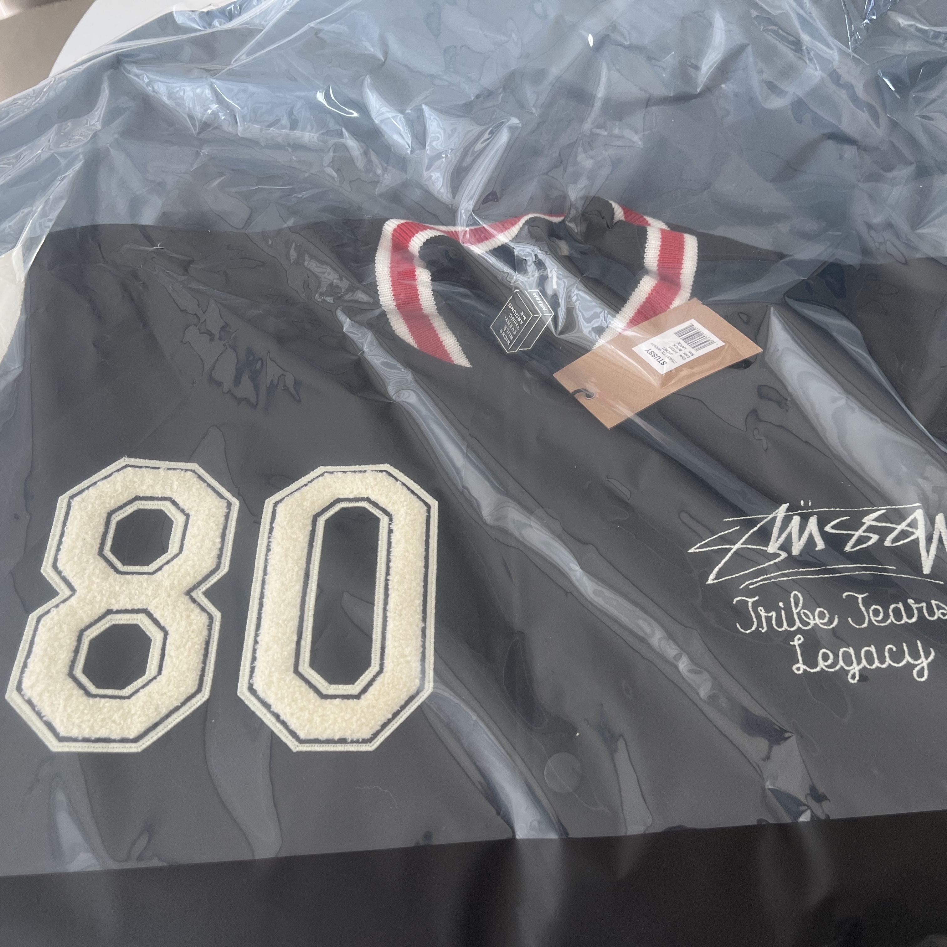 Stussy x Our Legacy x Denim Tears TTL Varsity Jacket Black 착용 스타일