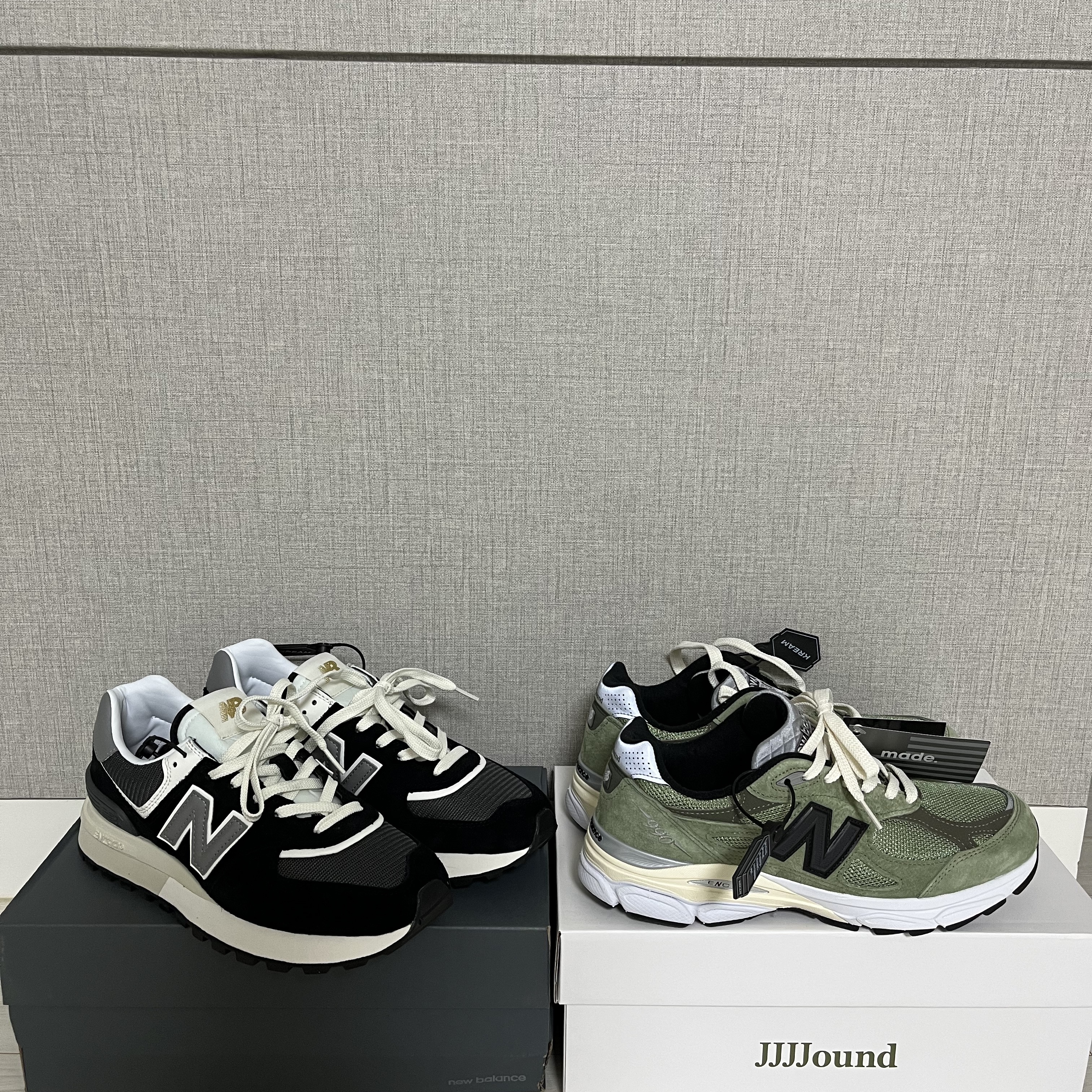 New Balance x JJJJound 990v3 Olive, New Balance 574 Legacy Black 착용 스타일