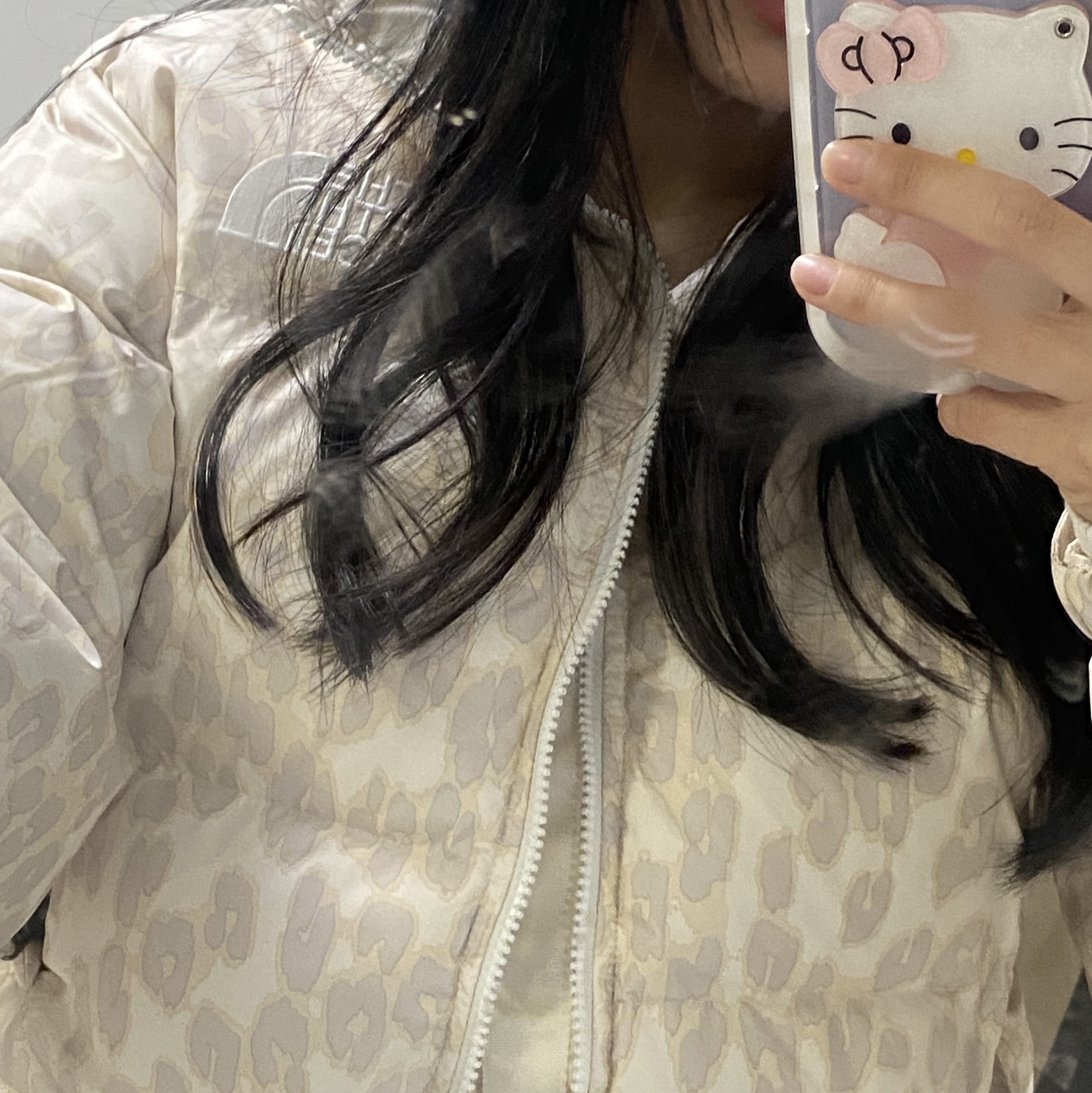 (W) The North Face Print Nuptse Short Jacket Silver Grey Leopard Print 착용 스타일 - 1