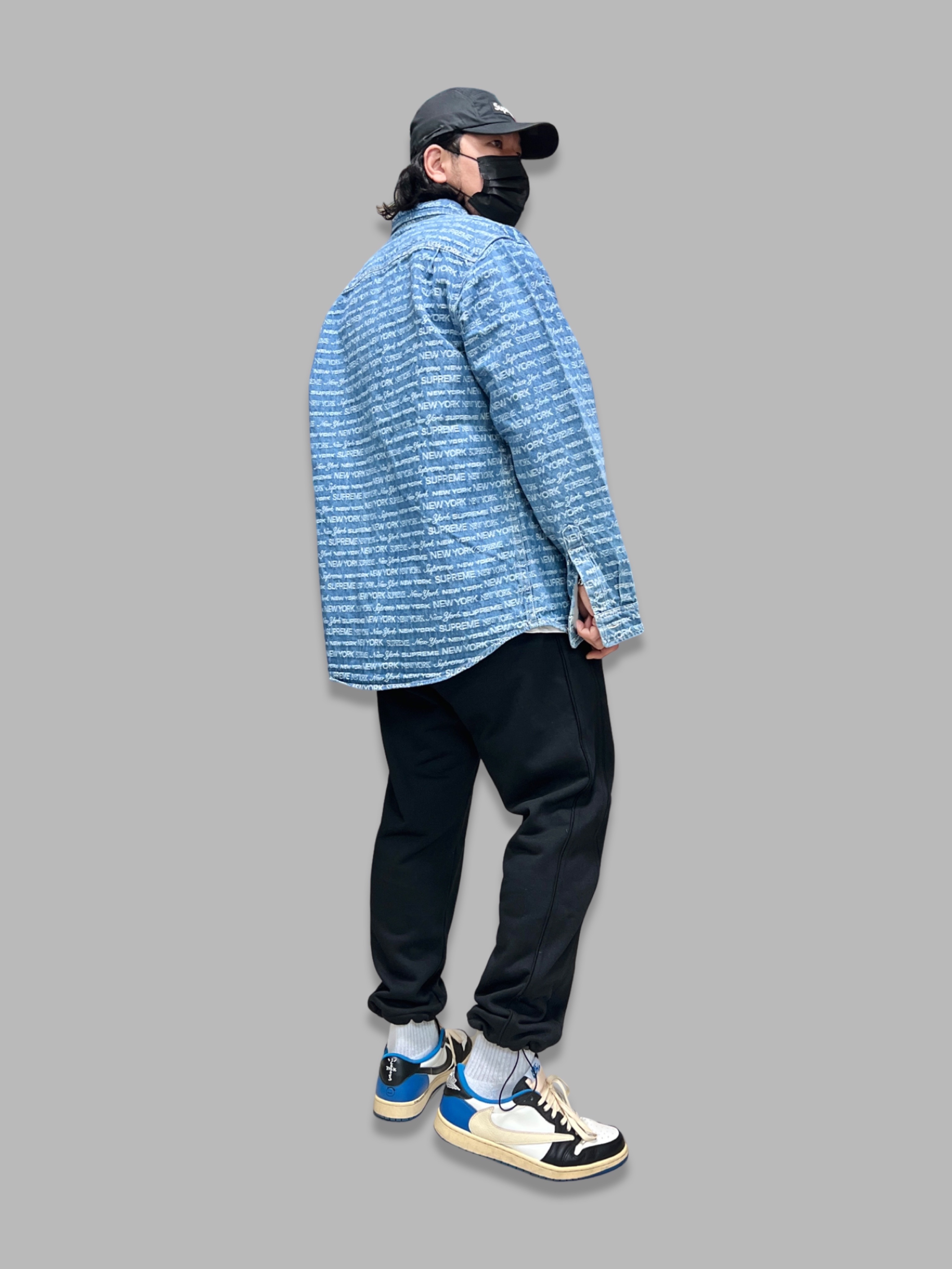 Supreme Multi Type Jacquard Denim Shirt Blue - 22FW, Jordan 1 x Travis Scott x Fragment Retro Low OG SP Military Blue 착용 스타일