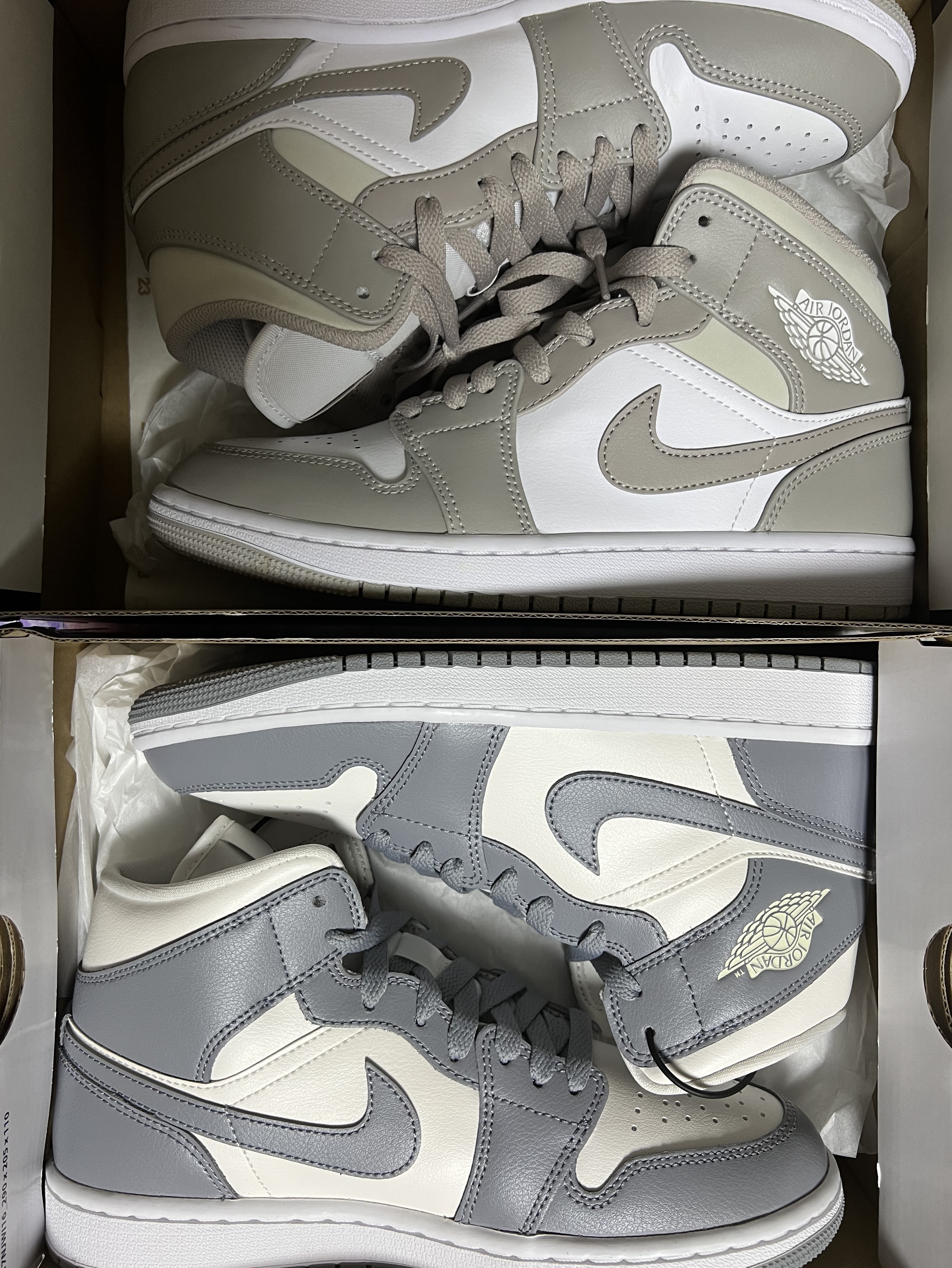 Jordan 1 Mid College Grey, (W) Jordan 1 Mid Sail Stealth 착용 스타일 - 1