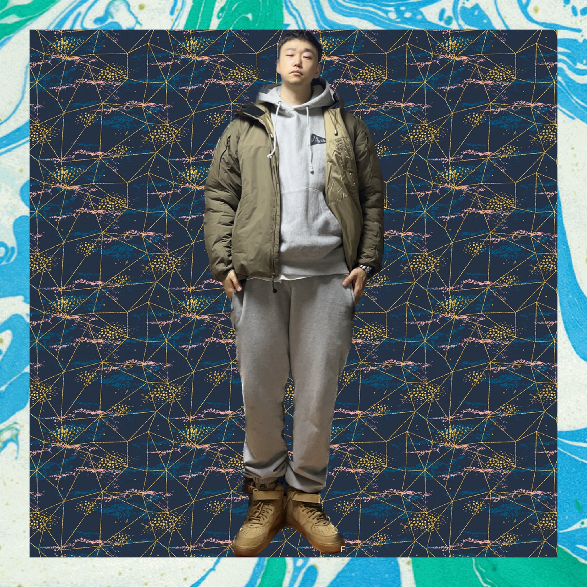 Arc'teryx LEAF Cold WX Hoody LT Gen 2 Crocodile, Nike Air Force 1 Mid Flax and Outdoor Green 착용 스타일