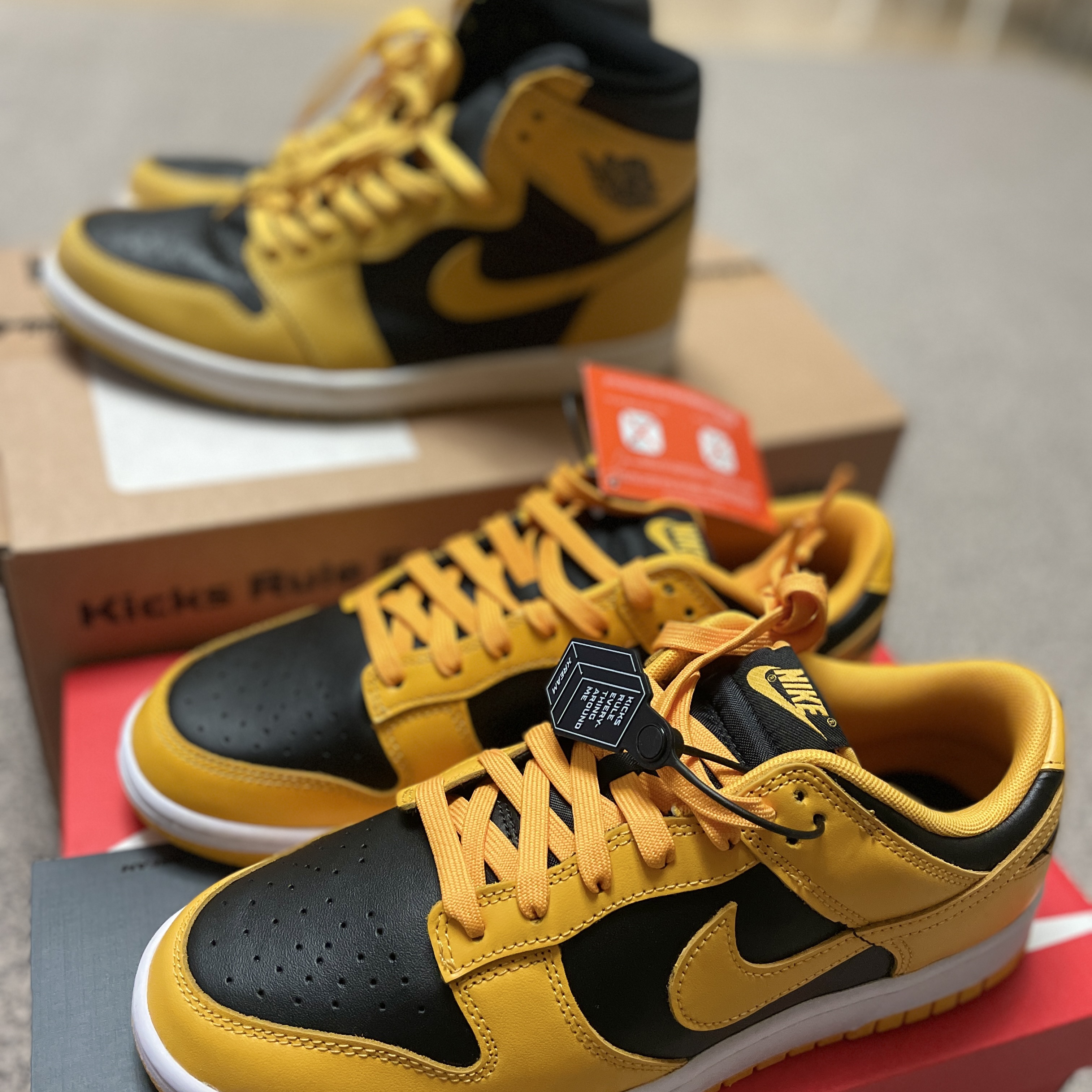 Nike Dunk Low Retro Championship Goldenrod, Jordan 1 Retro High OG Pollen 착용 스타일 - 1