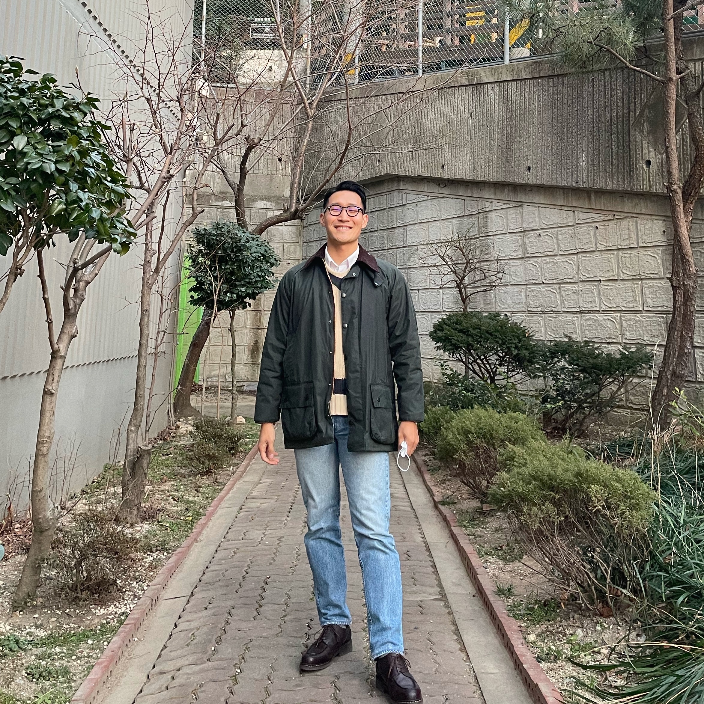 Barbour Beaufort Wax Jacket Sage, Paraboot Chambord Actem Lisse Cafe 착용 스타일 - 3