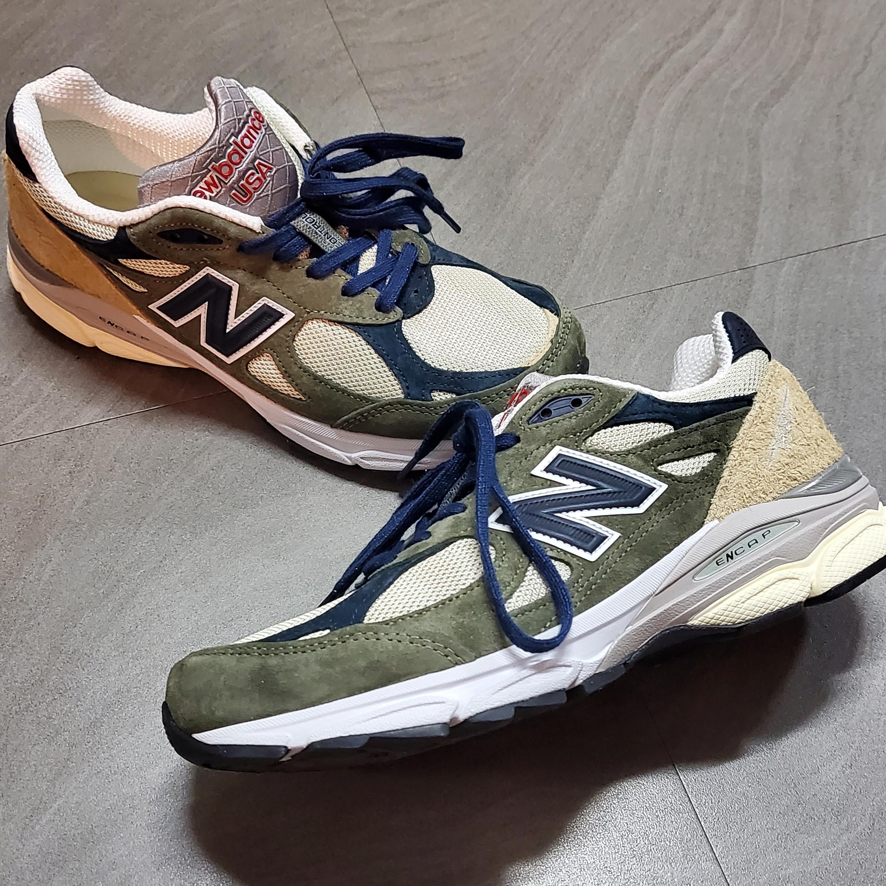New Balance 990v3 Made in USA Olive 착용 스타일 - 2
