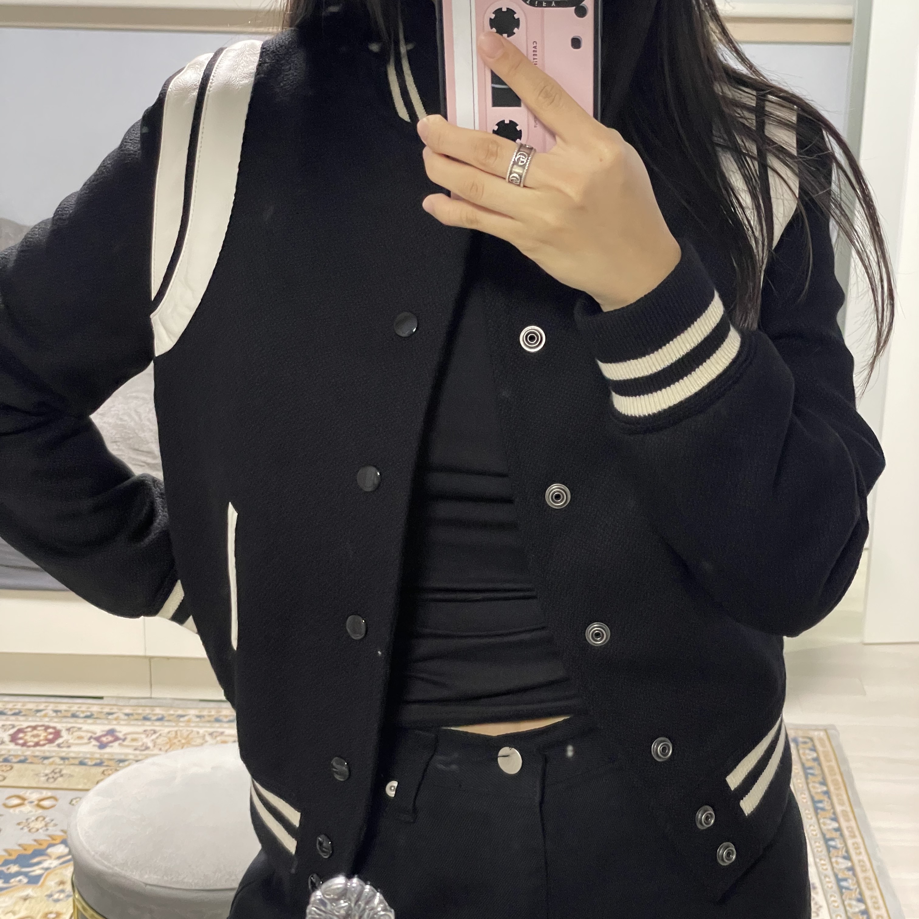 (W) Saint Laurent Teddy Jacket in Wool Black 착용 스타일 - 1