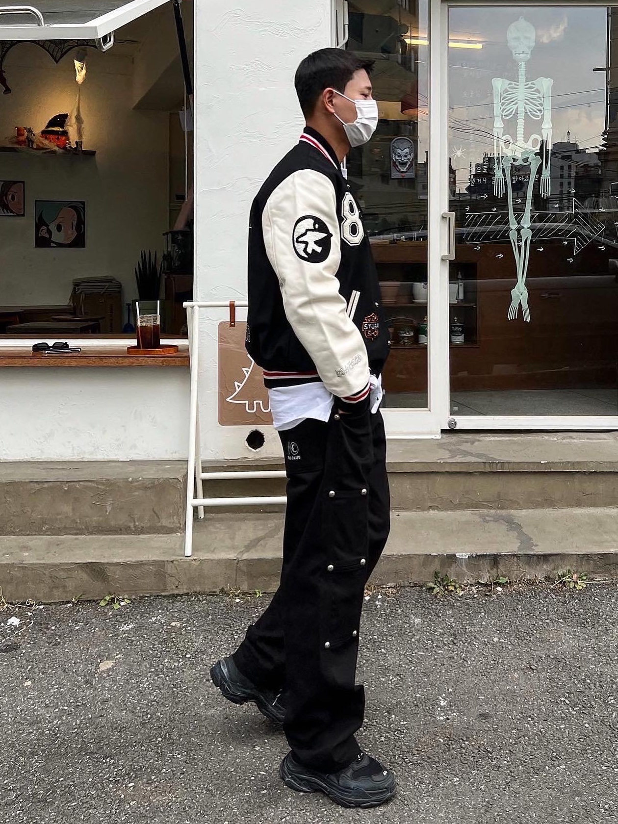Stussy x Our Legacy x Denim Tears TTL Varsity Jacket Black, Balenciaga Triple S Trainer Triple Black 착용 스타일 - 1