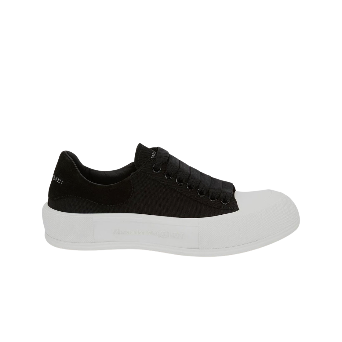 알렉산더 맥퀸 데크 레이스업 플림솔 캔버스 스웨이드 블랙 화이트
