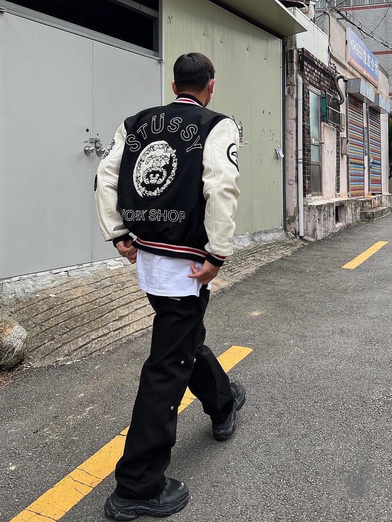 Stussy x Our Legacy x Denim Tears TTL Varsity Jacket Black, Balenciaga Triple S Trainer Triple Black 착용 스타일 - 2