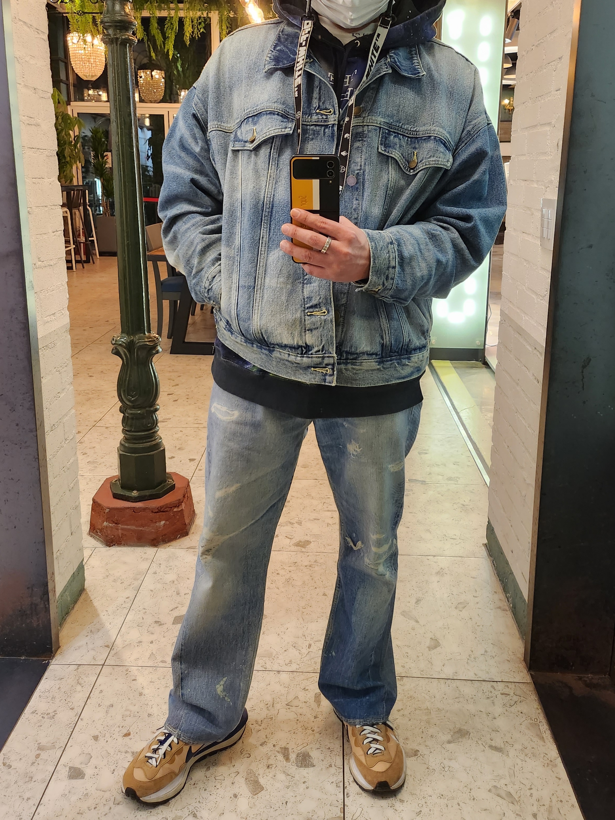 Essentials Trucker Jacket Indigo, Our Legacy Third Cut Digital Denim Print 착용 스타일 - 1