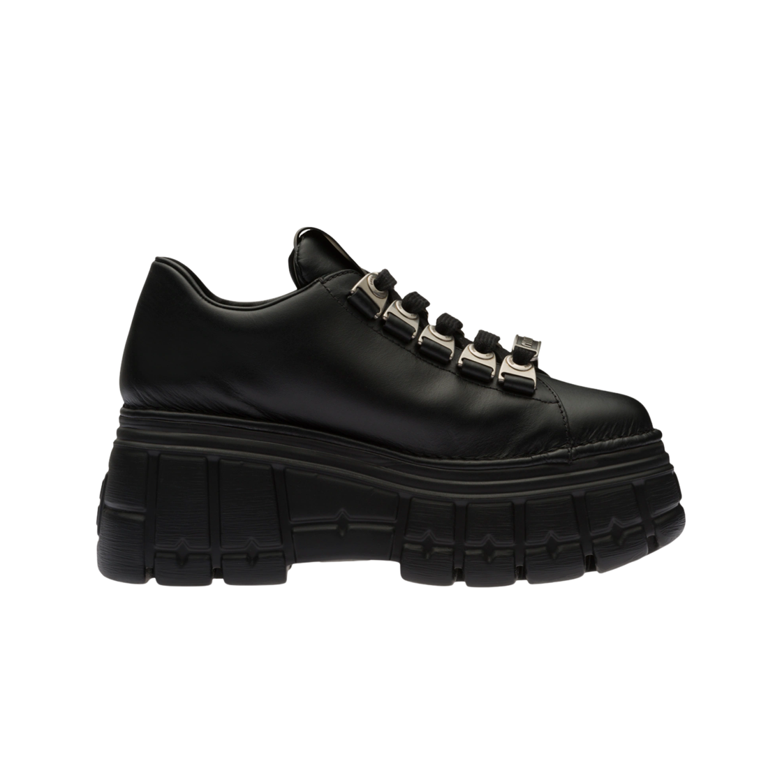 (W) 미우 미우 가죽 레이스 더비 슈즈 블랙((W) Miu Miu Leather Laced Derby Shoes Black)