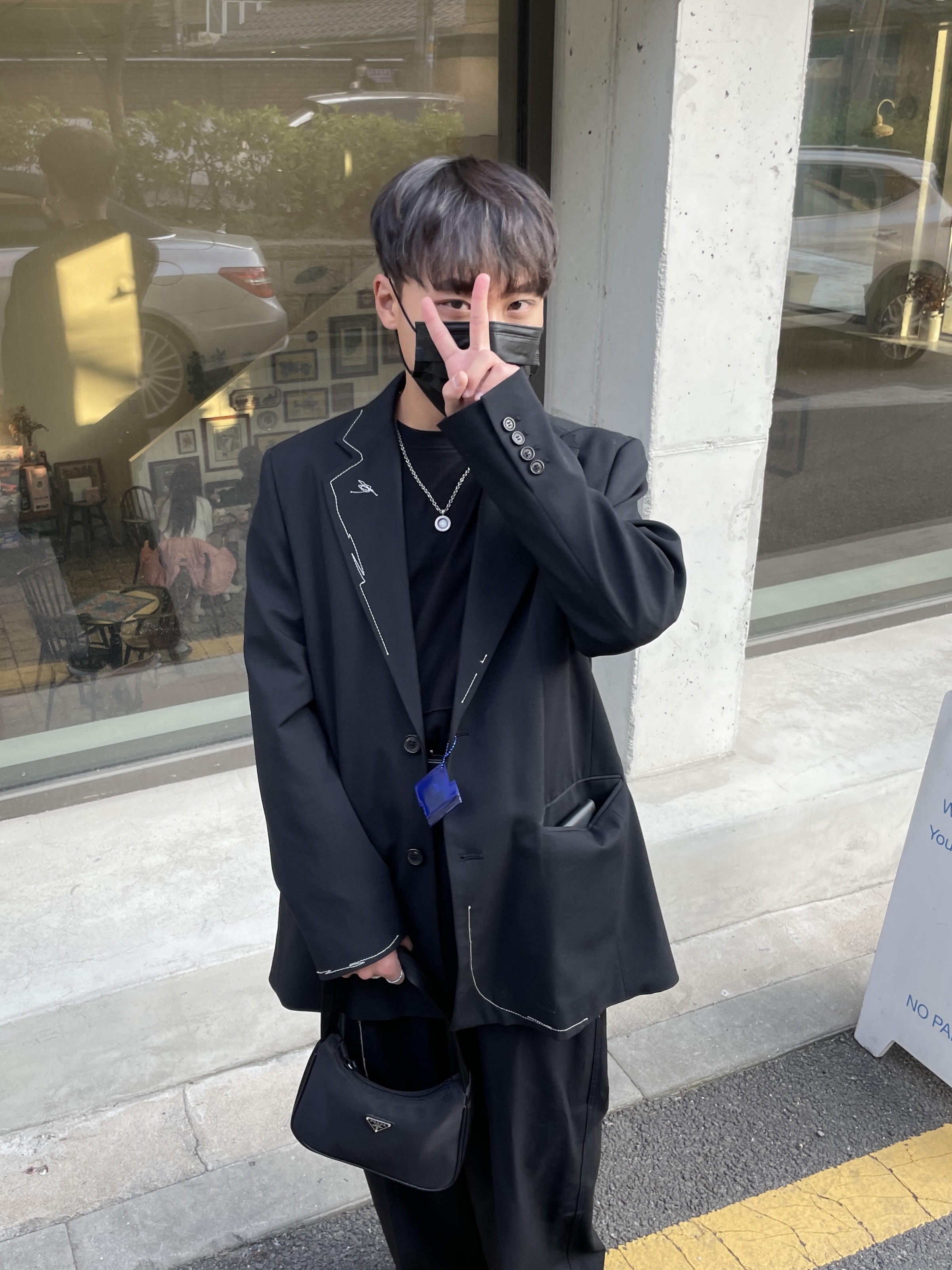 Zara x Ader Error Oversized Blazer Black, Zara x Ader Error Wide Pants Black 착용 스타일 - 2