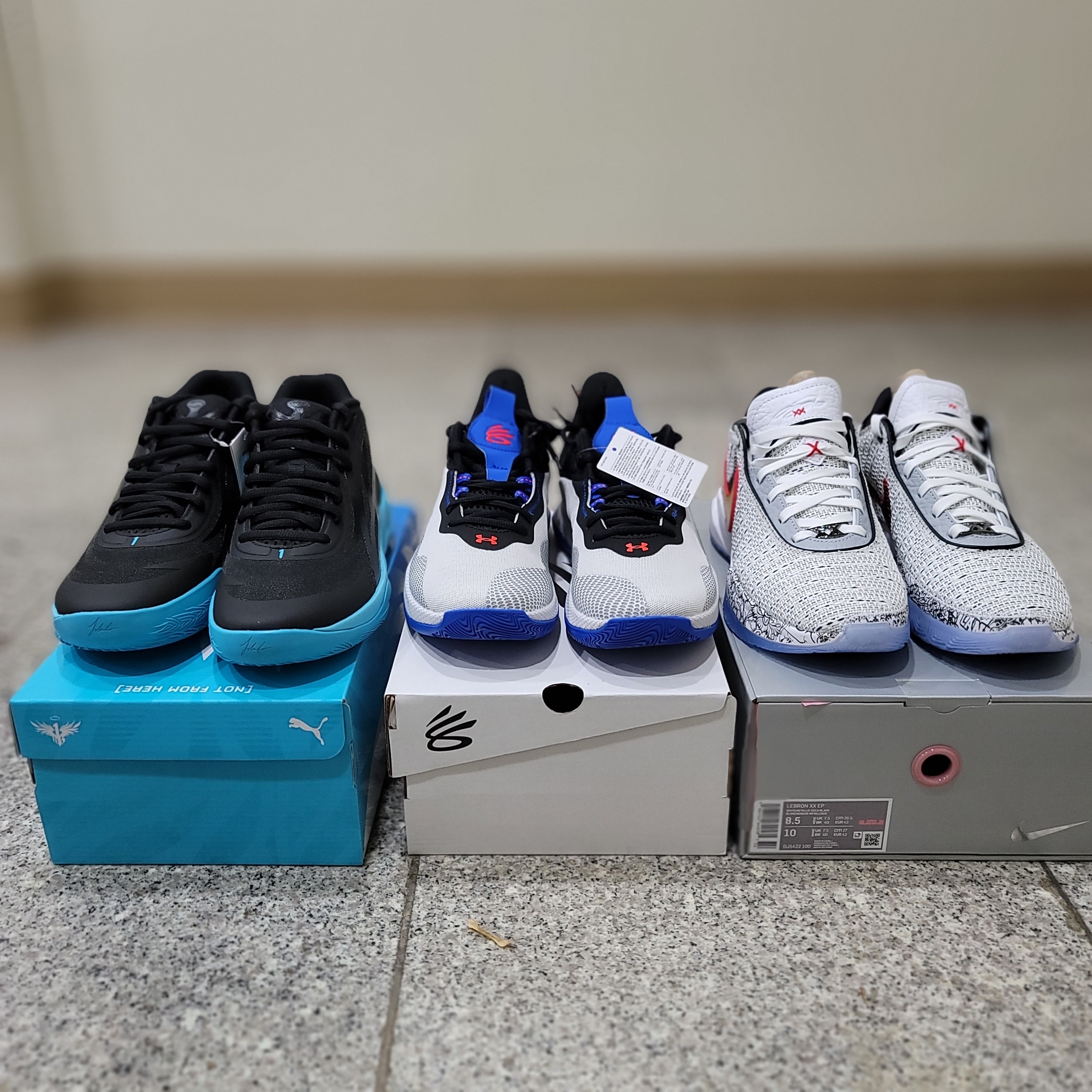 Nike LeBron XX EP White Metalic Gold, Puma MB.02 Lamelo Ball Fiery Coral 착용 스타일