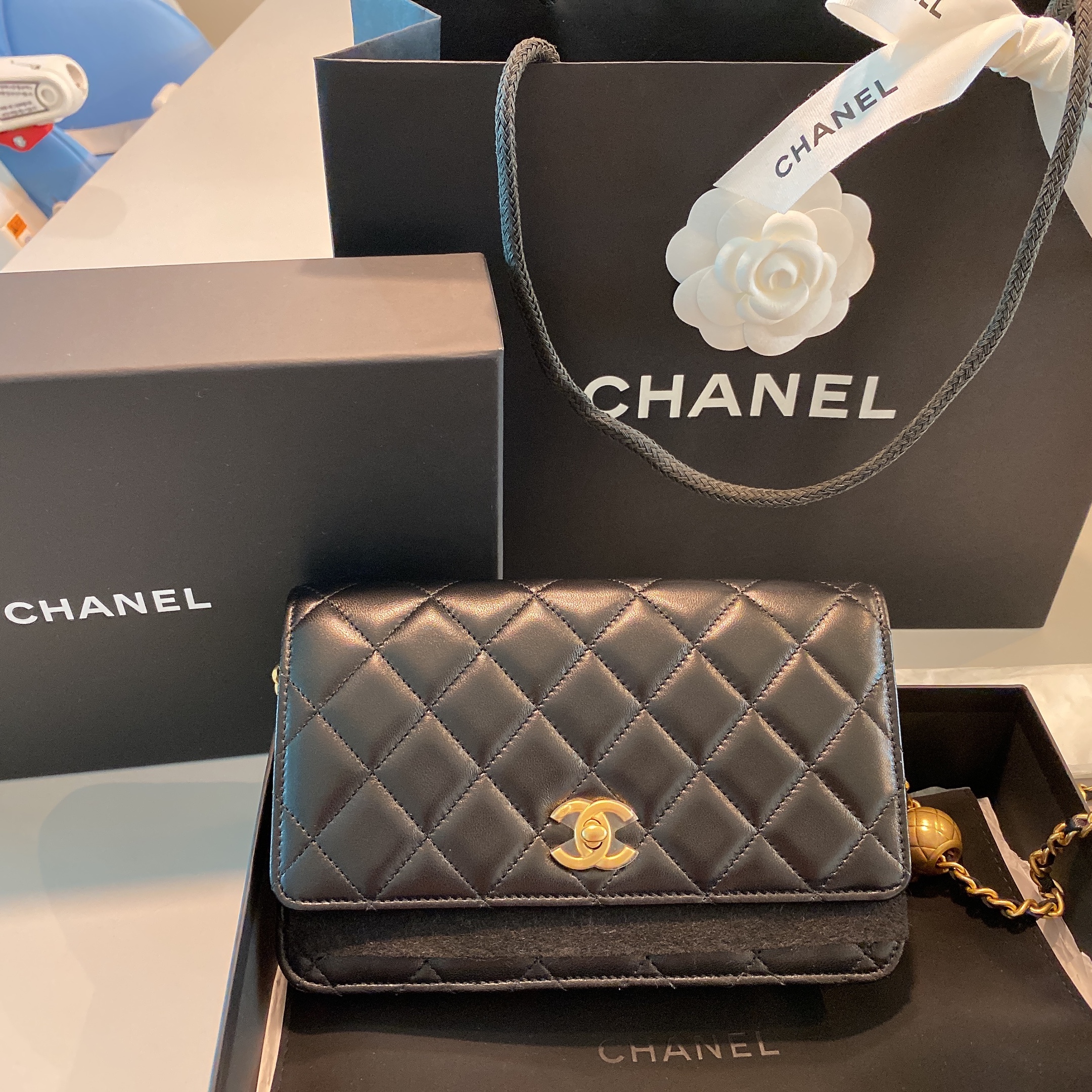 Chanel Wallet On Chain Lambskin & Gold Black 착용 스타일 - 3