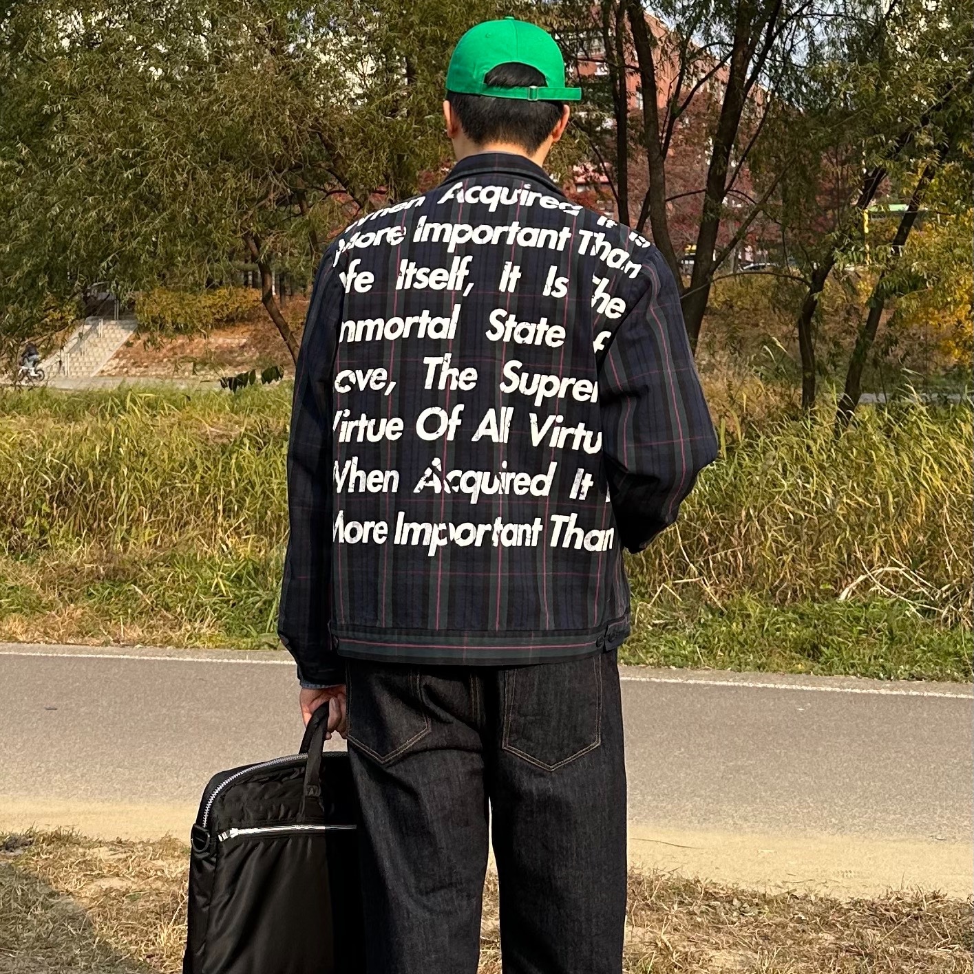Supreme x Comme des Garcons Junya Watanabe Man Printed Work Jacket Navy Plaid - 21FW, Paraboot Michael Lisse Marron 착용 스타일 - 3