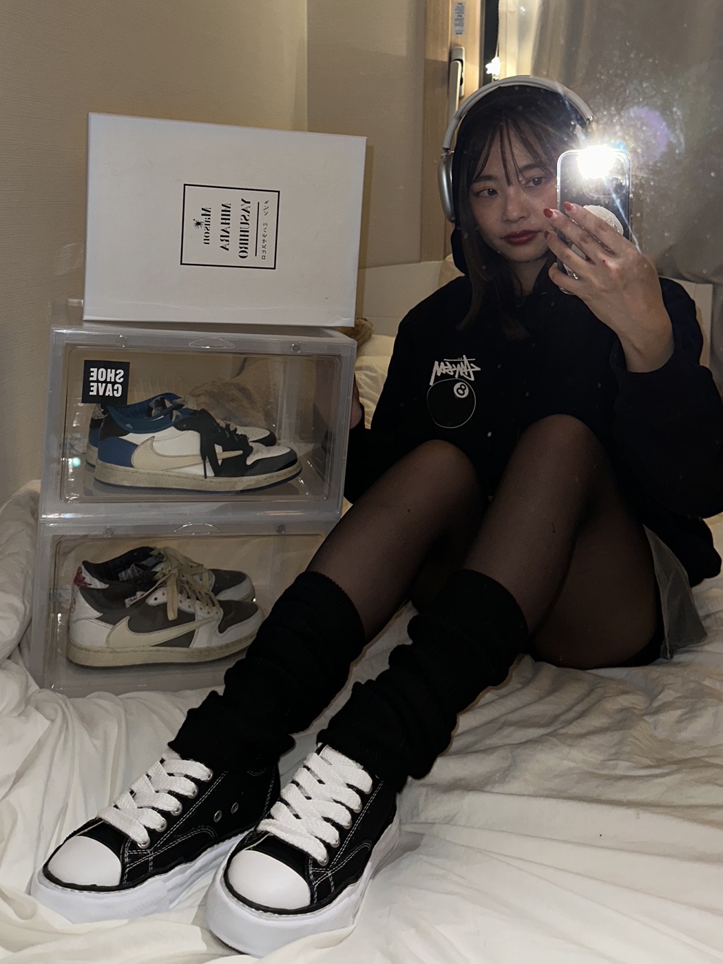 Maison Mihara Yasuhiro Peterson OG Sole Canvas Low Sneakers Black, Jordan 1 x Travis Scott x Fragment Retro Low OG SP Military Blue 착용 스타일 - 2