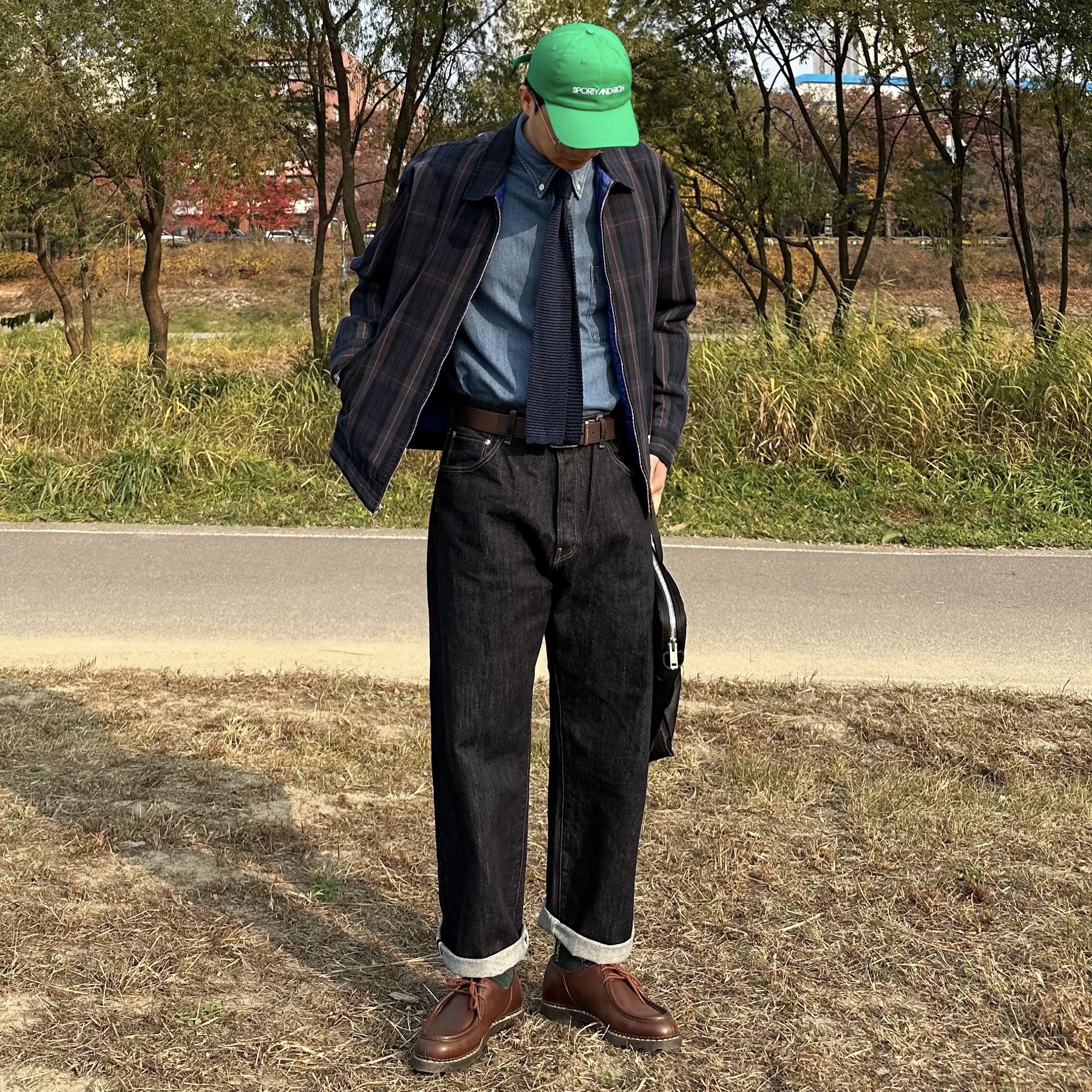 Supreme x Comme des Garcons Junya Watanabe Man Printed Work Jacket Navy Plaid - 21FW, Paraboot Michael Lisse Marron 착용 스타일 - 2