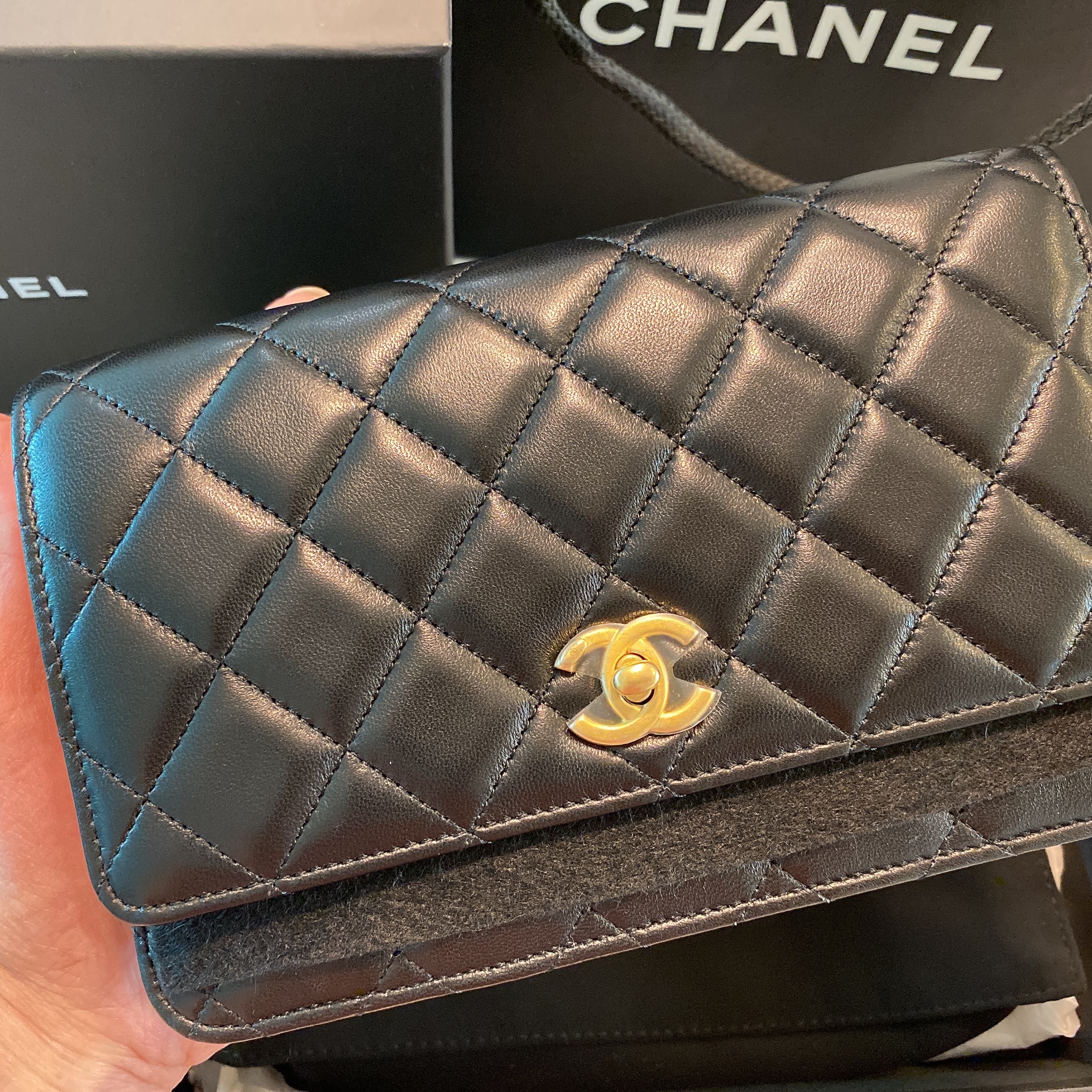 Chanel Wallet On Chain Lambskin & Gold Black 착용 스타일 - 4