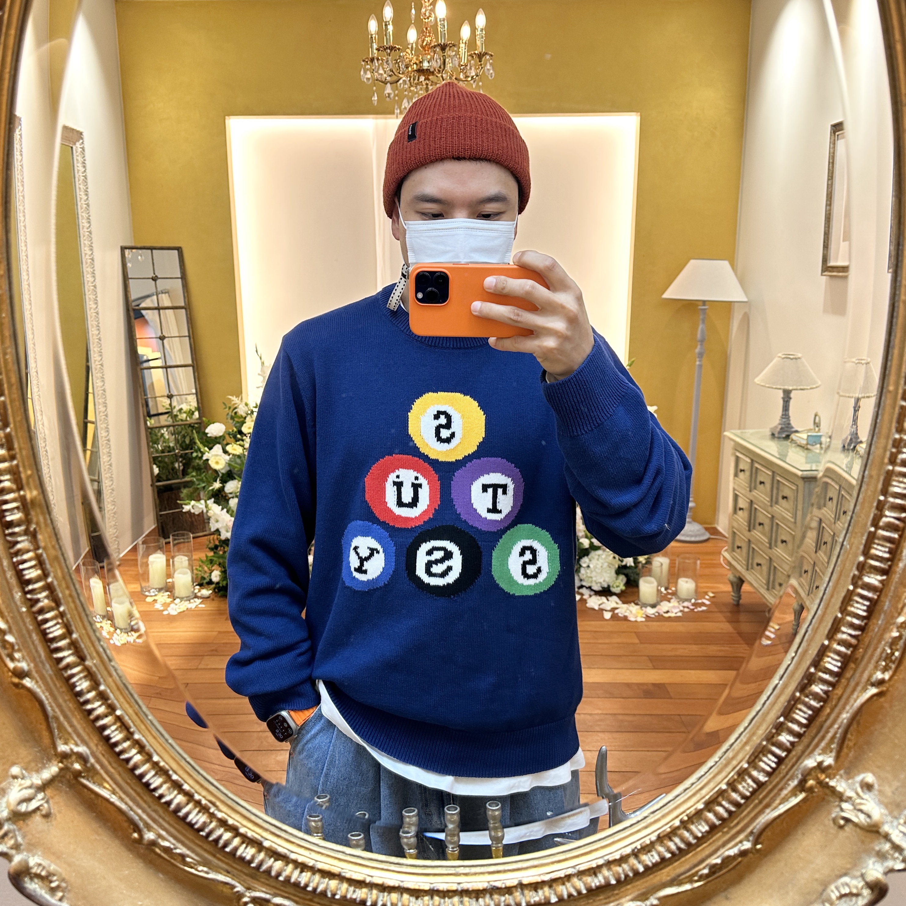 Stussy Billiard Sweater Navy, Apple iPhone 14 Pro Max 1TB Deep Purple (Korean Ver.) 착용 스타일 - 2