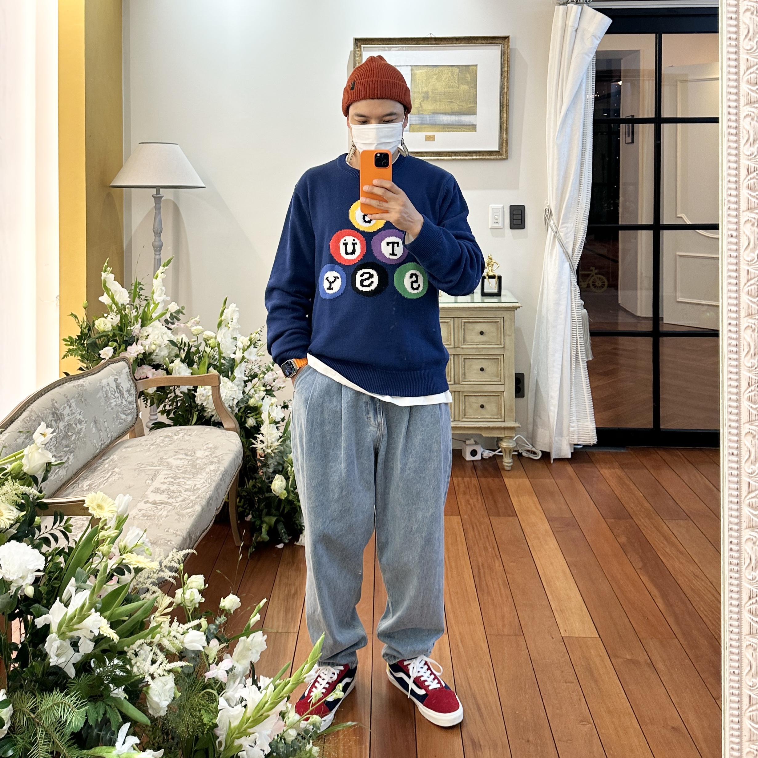 Stussy Billiard Sweater Navy, Apple iPhone 14 Pro Max 1TB Deep Purple (Korean Ver.) 착용 스타일 - 5