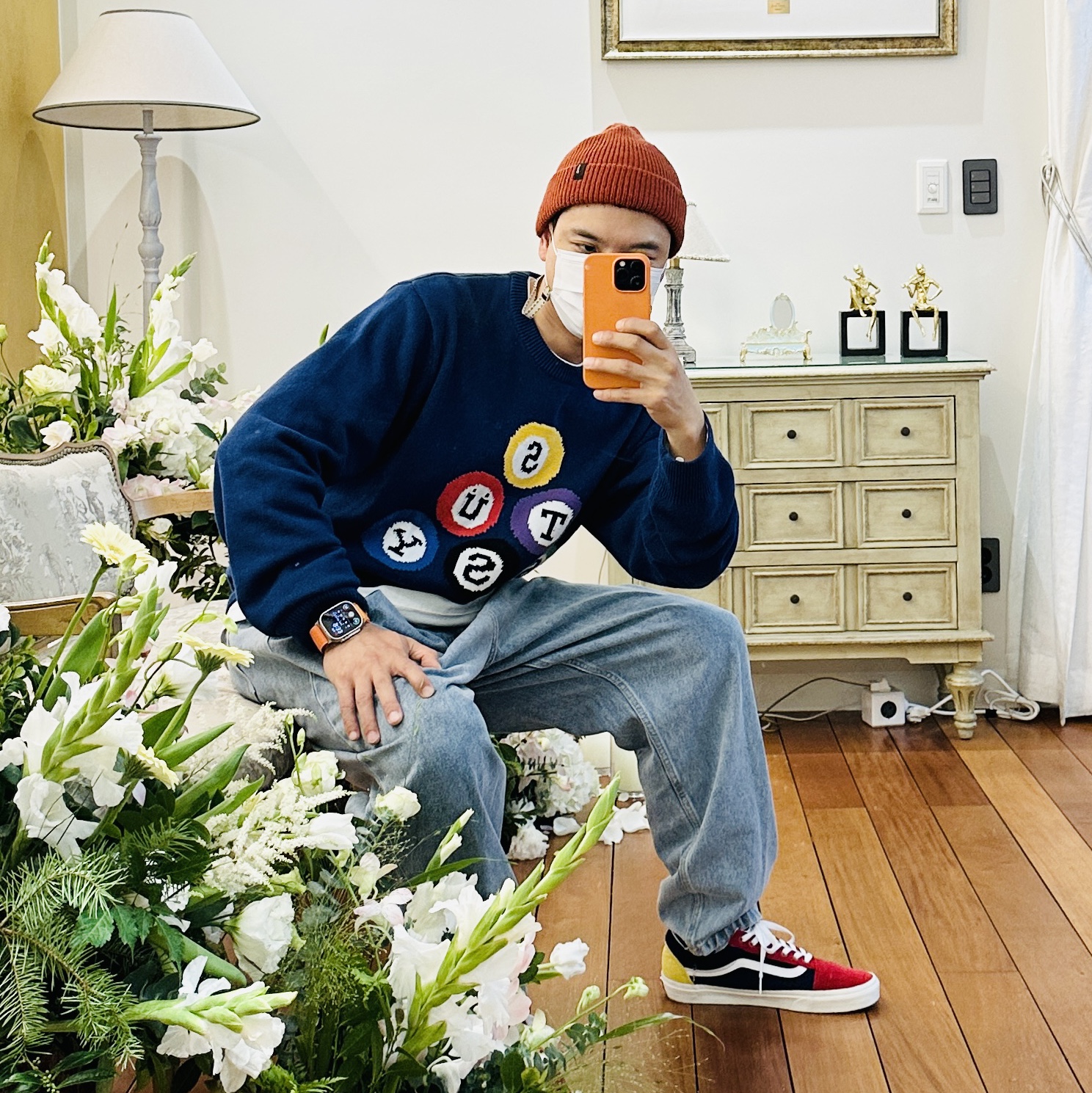 Stussy Billiard Sweater Navy, Apple iPhone 14 Pro Max 1TB Deep Purple (Korean Ver.) 착용 스타일 - 1