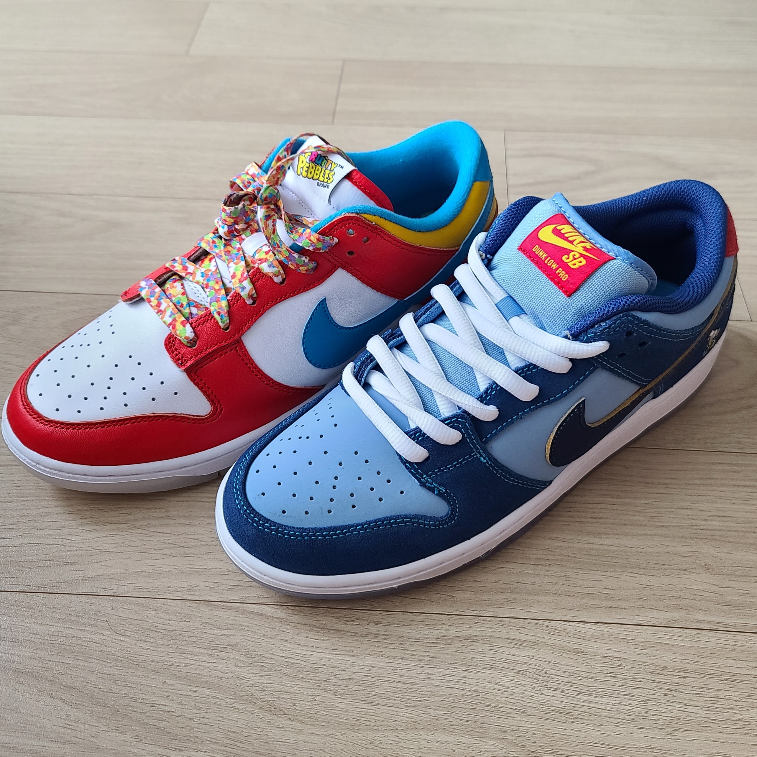 Nike x LeBron James x Fruity Pebbles Dunk Low QS Habanero Red, Nike x Why So Sad? SB Dunk Low Pro Coastal Blue 착용 스타일