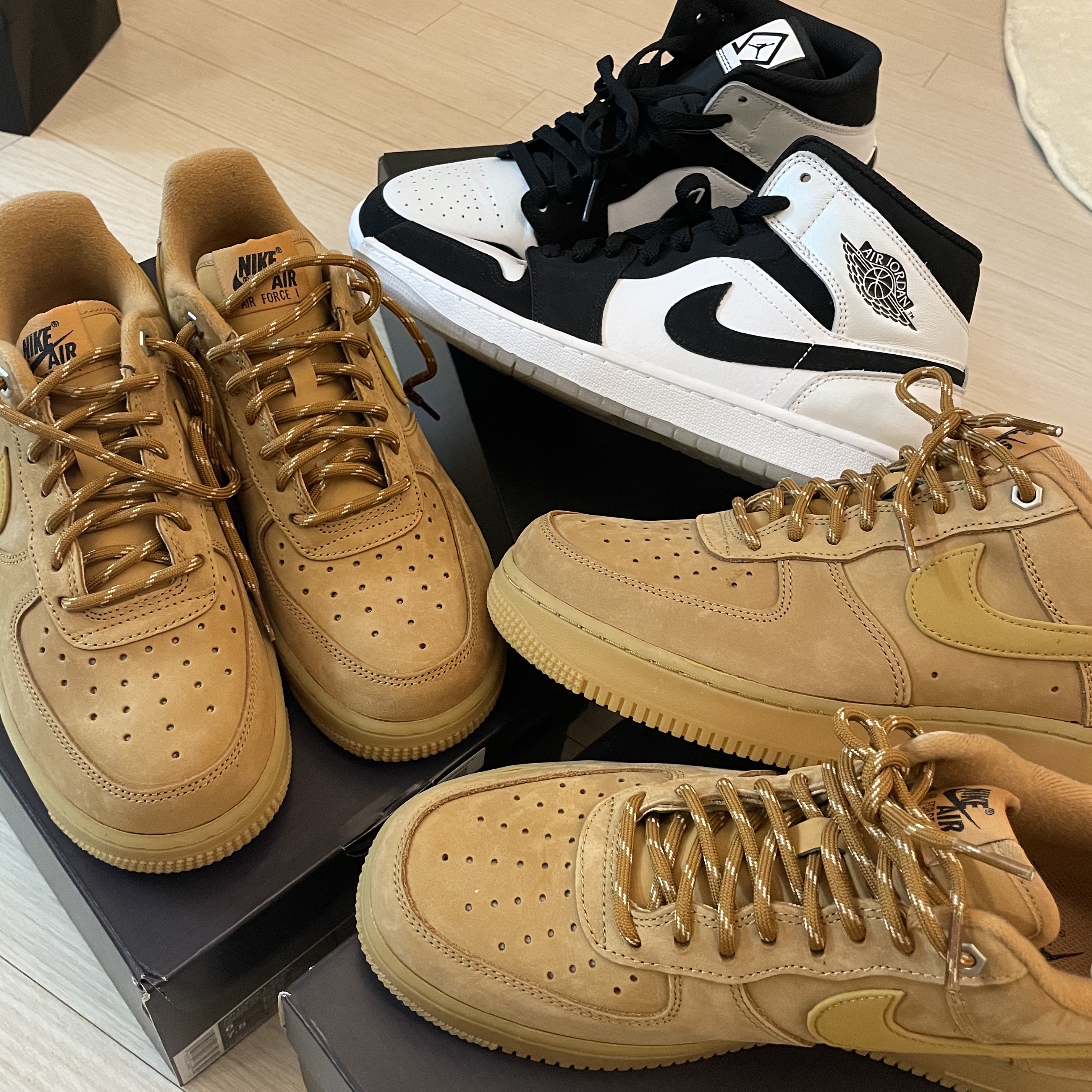 Nike Air Force 1 '07 WB Flax, Jordan 1 Mid SE Diamond 착용 스타일